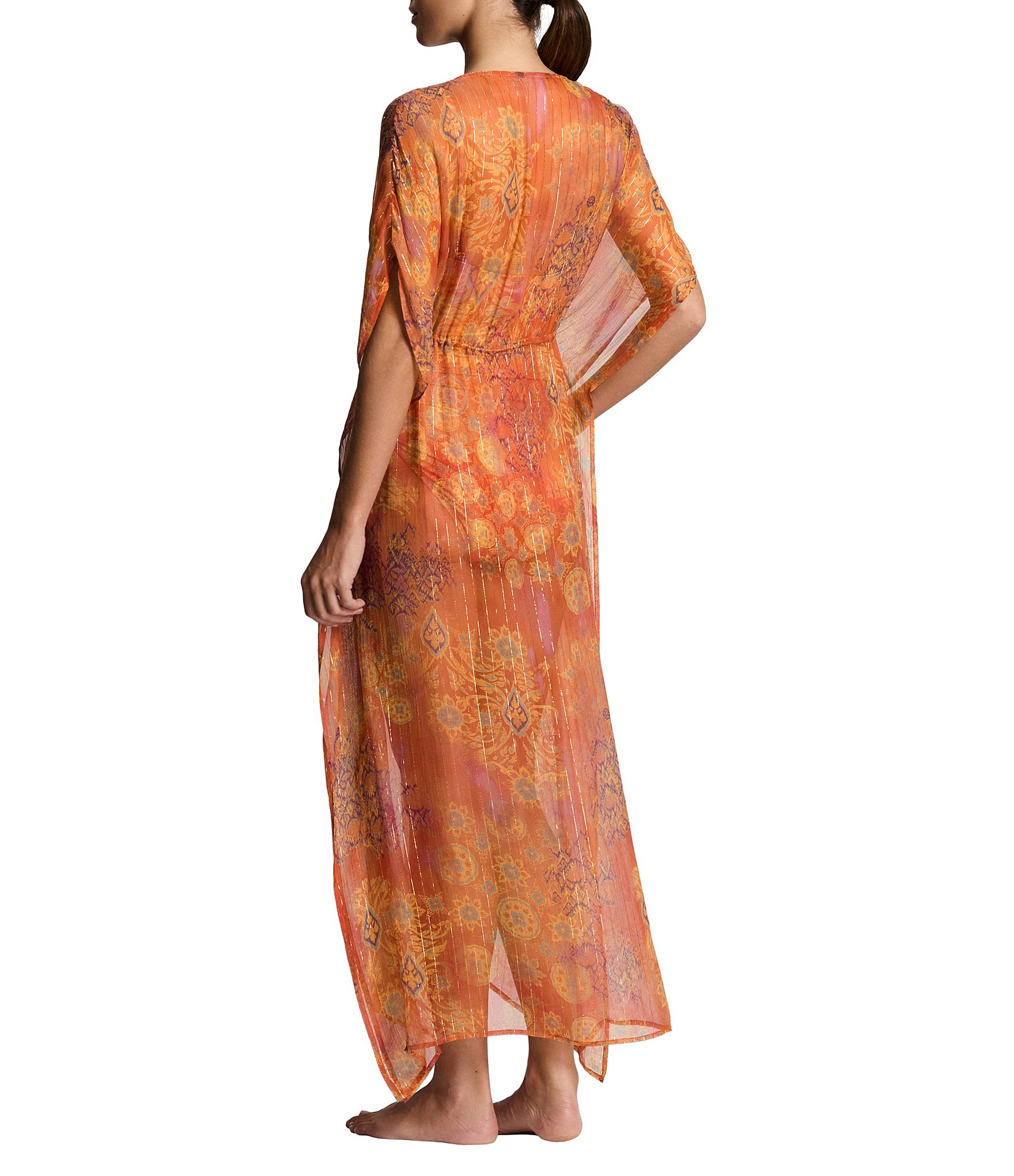 Lauren Ralph Lauren Medallion Shimmer Chiffon V-Neck Midi Caftan Swim Cover-Up