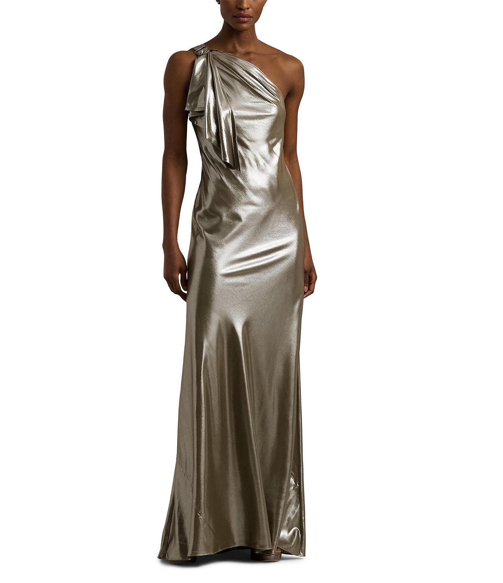 Lauren Ralph Lauren Metallic Chiffon One Shoulder Sleeveless Gown ...