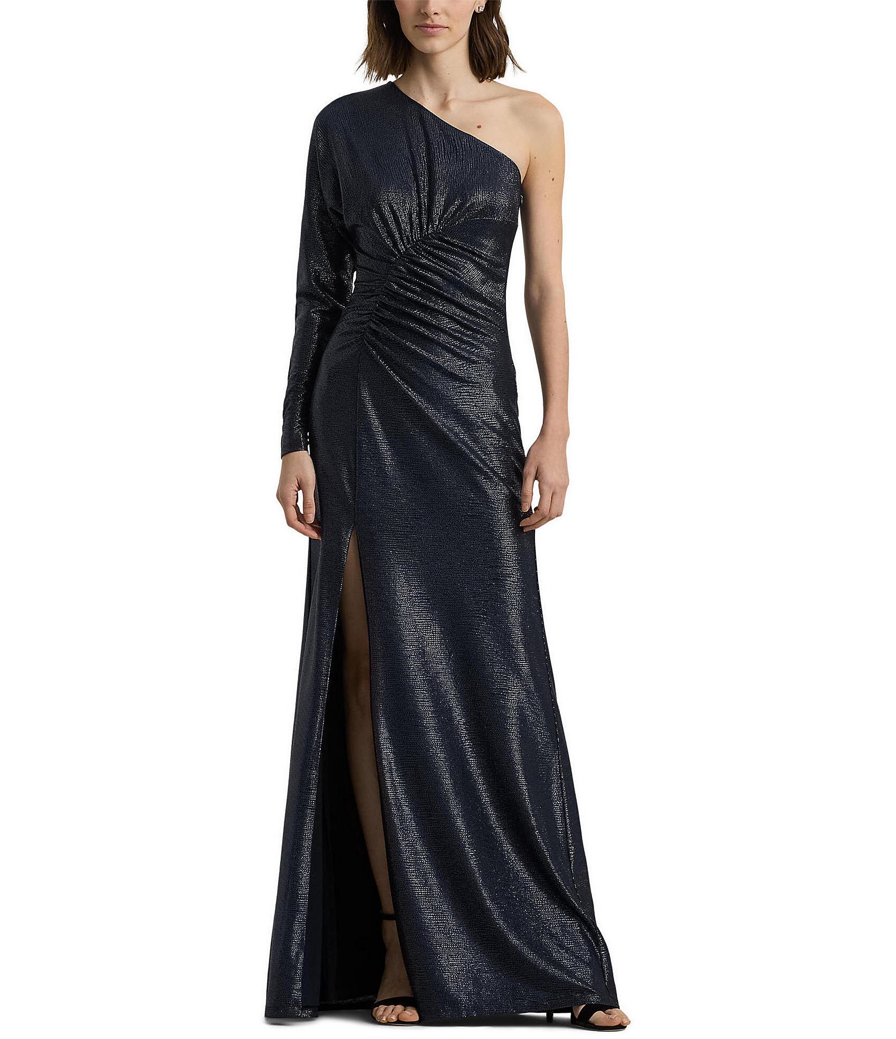 Lauren Ralph Lauren Metallic Knit One Shoulder Long Sleeve Shirred Gown