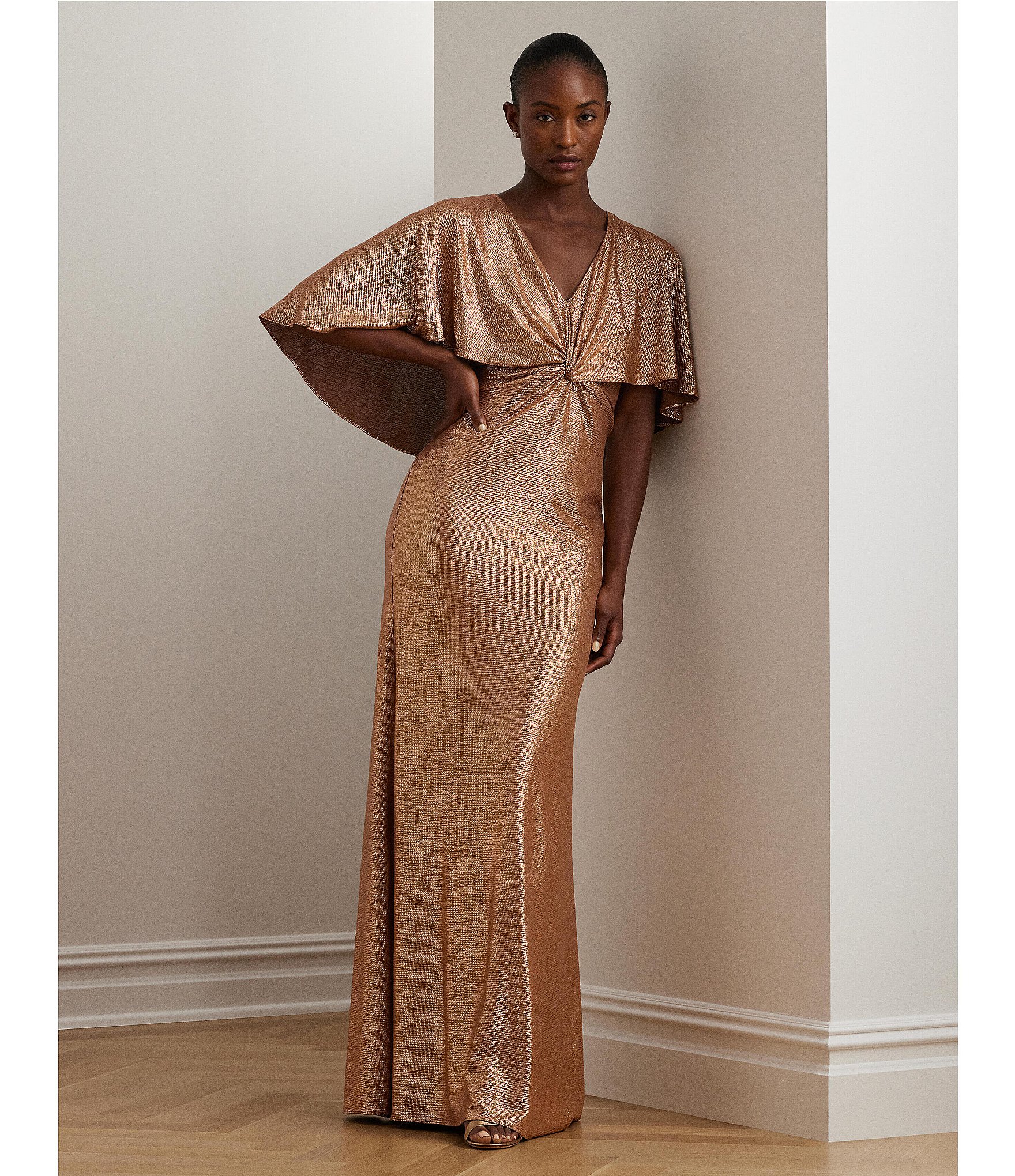 Lauren Ralph Lauren Metallic Knit Twist Front V-Neck Short Cape Flutter Sleeve Column Gown