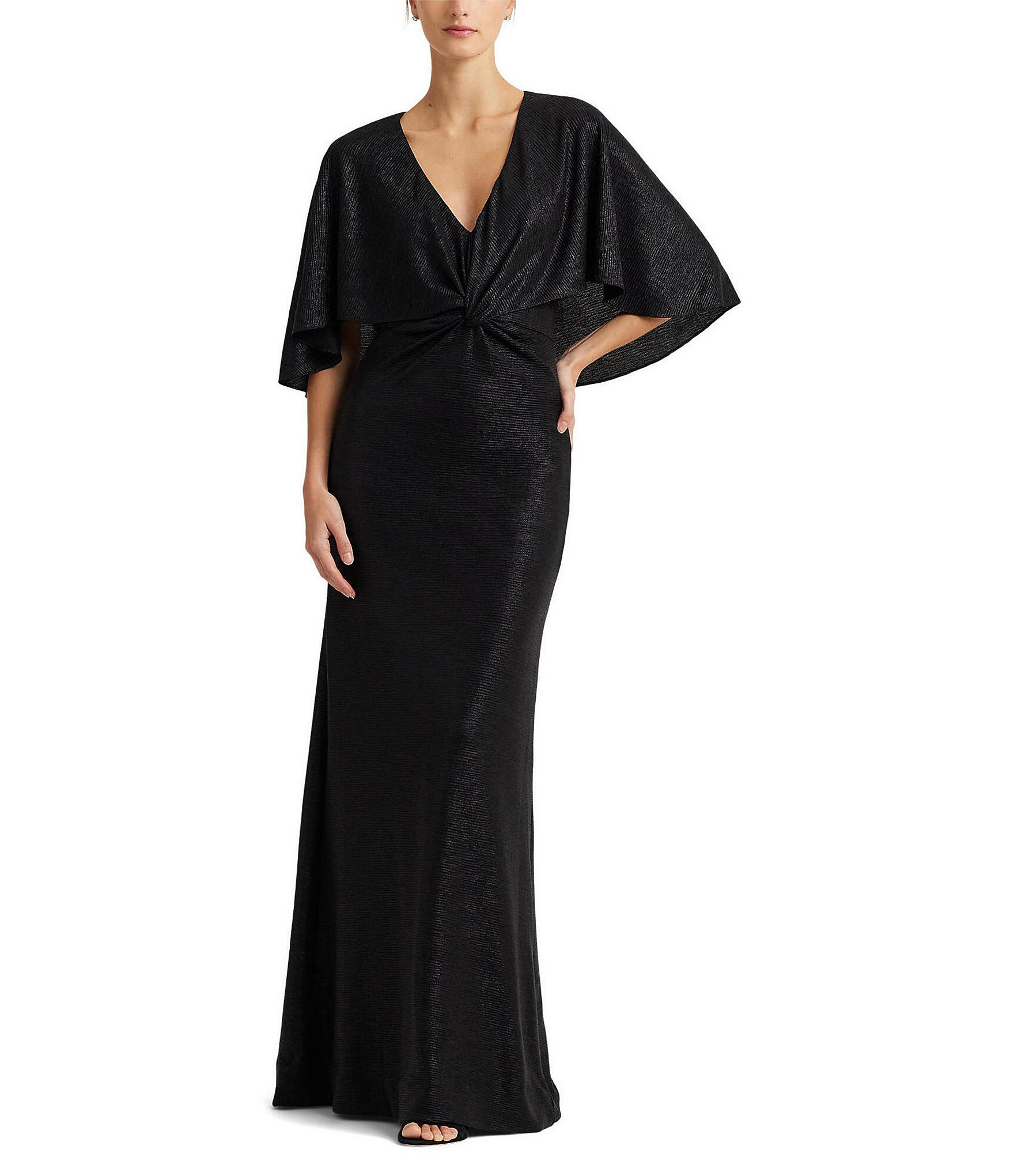 Lauren Ralph Lauren Metallic Knit V-Neck Cape Twist Front Gown | Dillard's