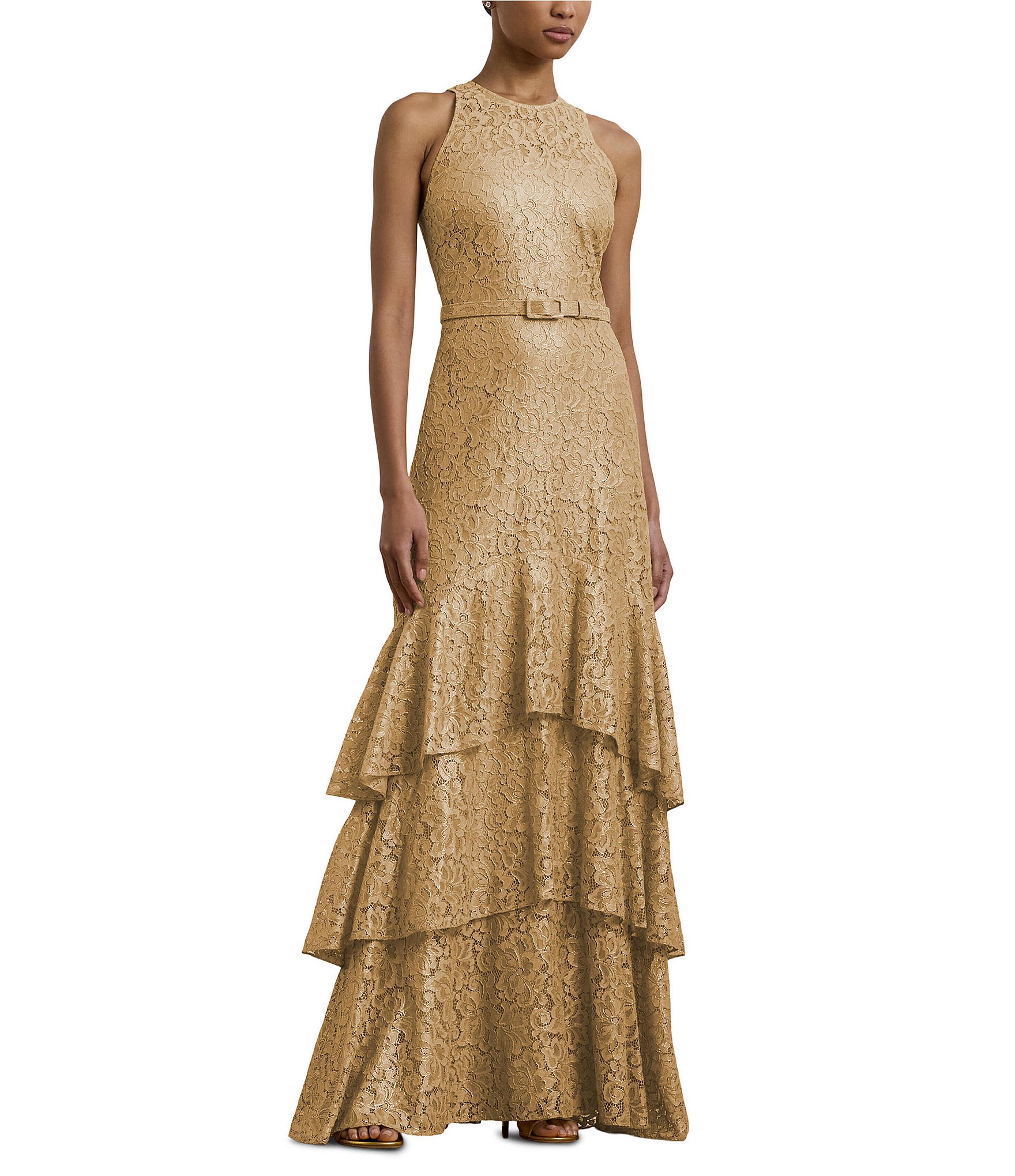 Lauren Ralph Lauren Metallic Lace Round Neck Sleeveless Belted Tiered ...