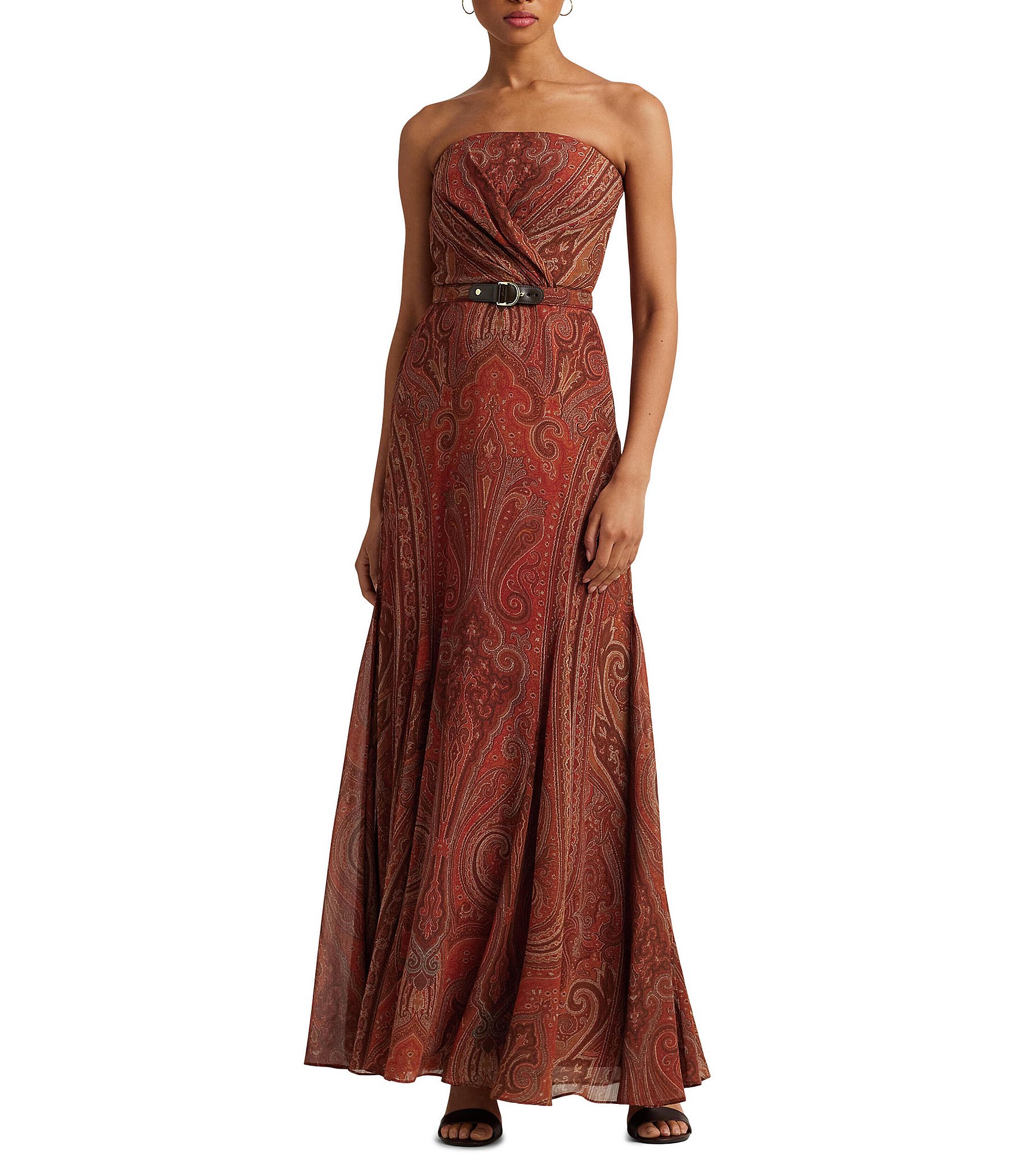 Ralph Lauren Strapless Dress Womens Size 6 Multicolor $245 Paisley Bow Midi