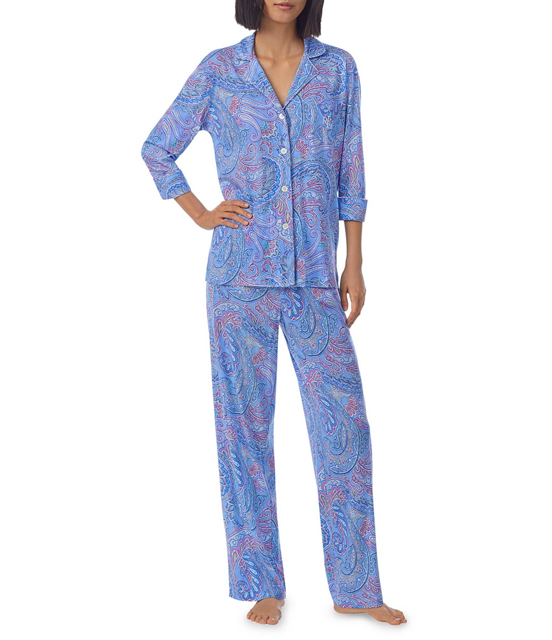 Lauren Ralph Lauren Paisley Print 3/4 Sleeve Notch Collar Long Knit Pajama  Set | Dillard's