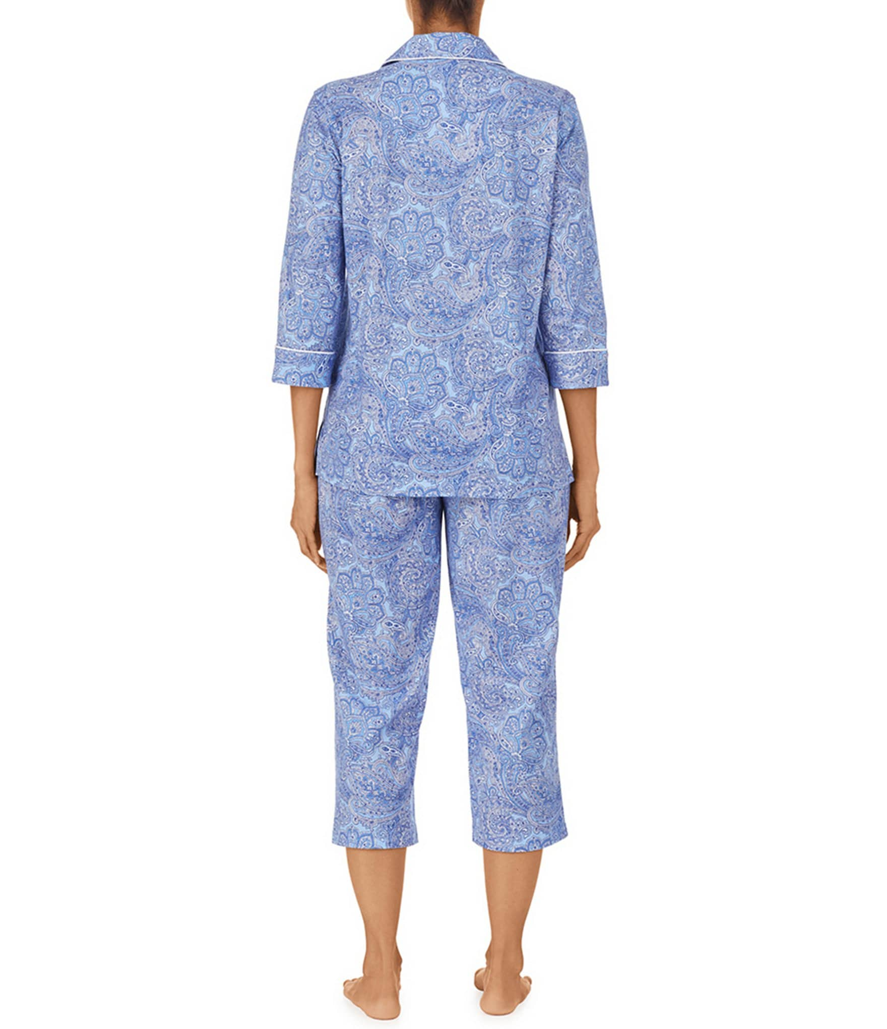 Lauren Ralph Lauren Paisley Print Jersey Knit 3/4 Sleeve Notch Collar Cropped Pajama Set