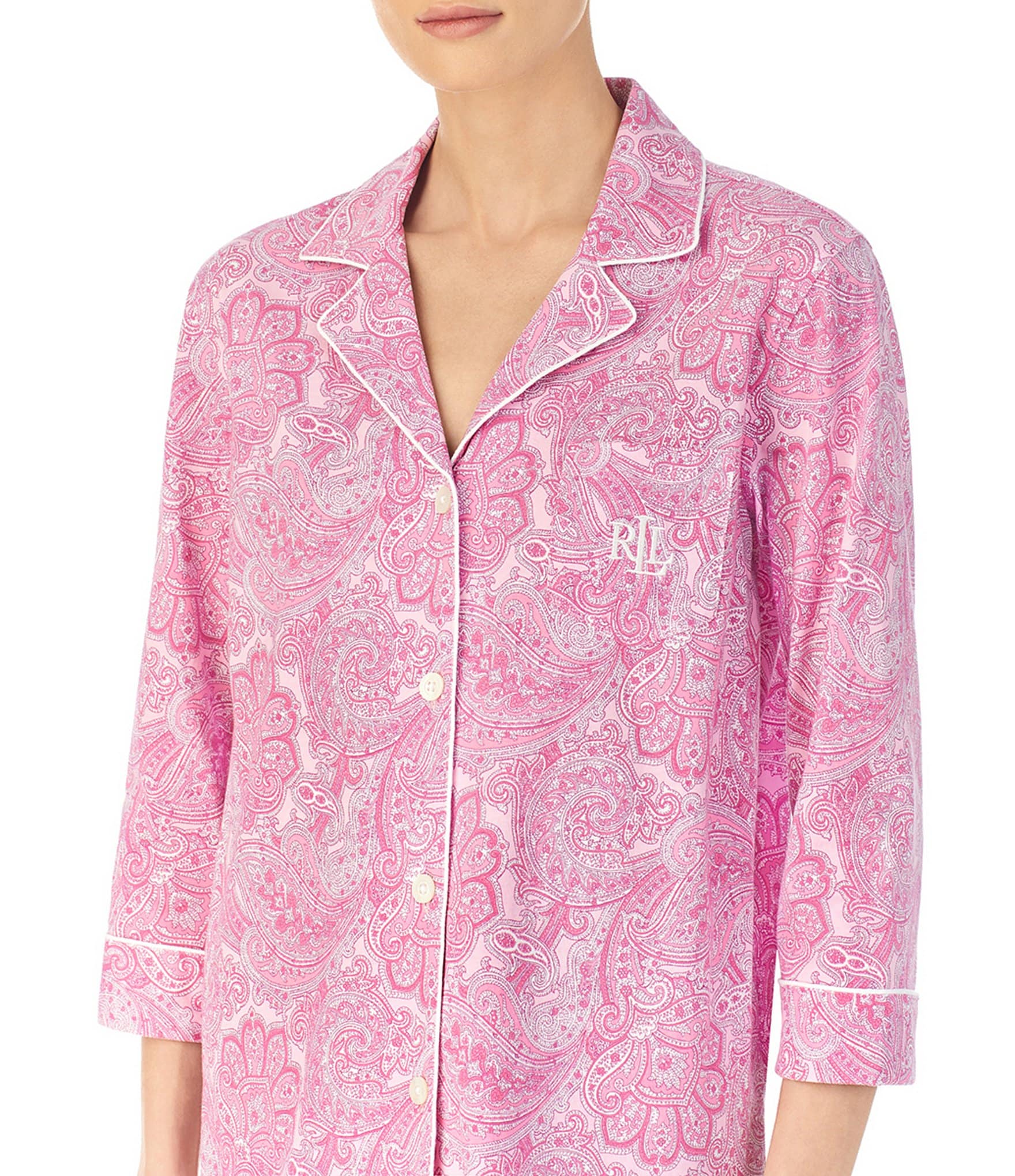 Lauren Ralph Lauren Paisley Print Jersey Knit Notch Collar 3/4 Sleeve Embroidered Pocket Capri Pajama Set