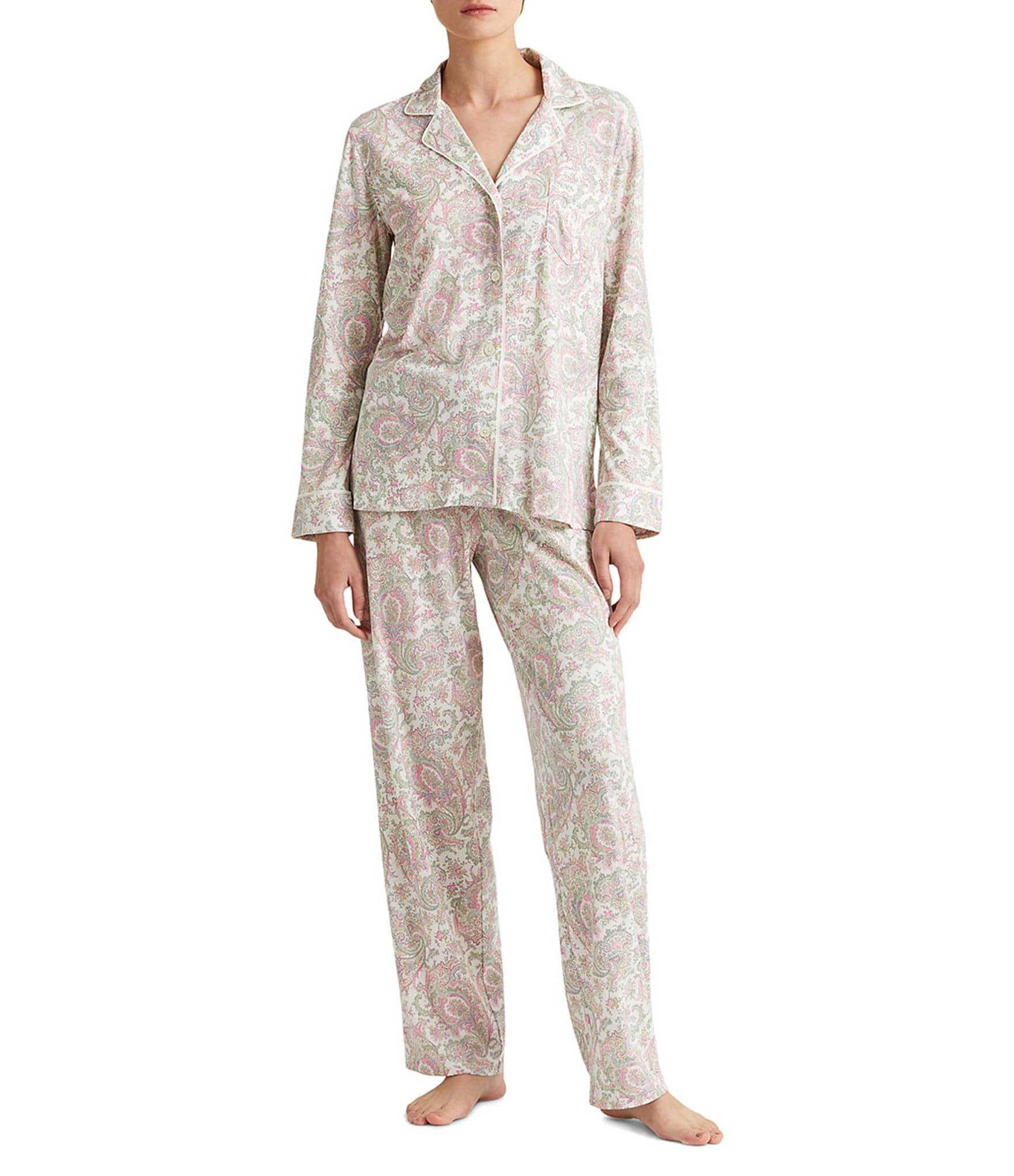 Lauren Ralph Lauren Paisley Print Long Sleeve Notch Collar Knit Pajama ...