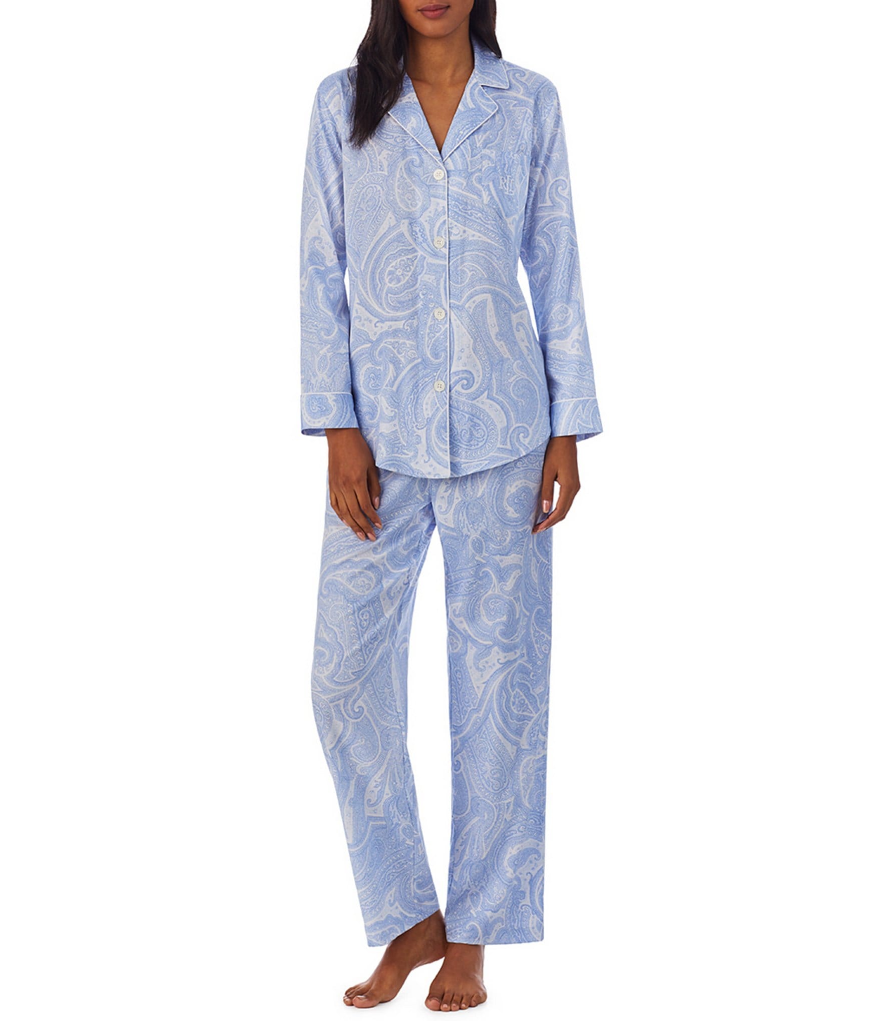 Lauren Ralph Lauren Paisley Print Long Sleeve Notch Collar Woven Pajama Set - S