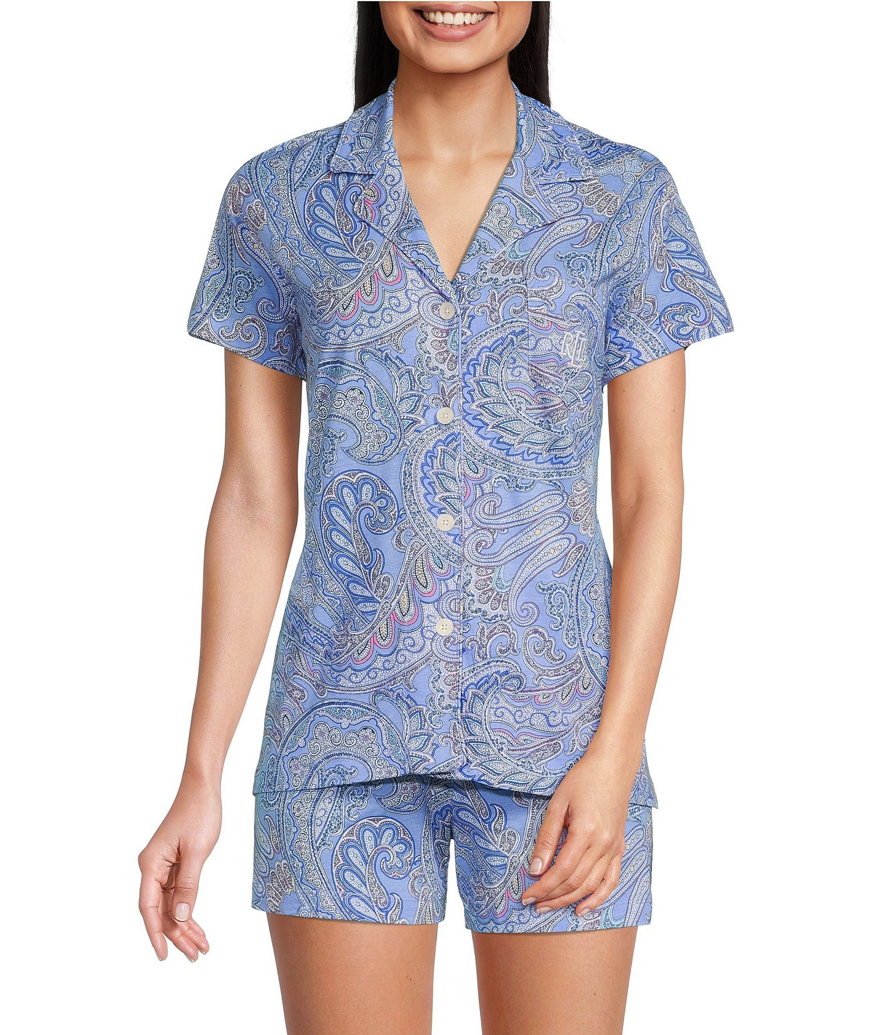 Lauren Ralph Lauren Paisley Print Notch Collar Short Sleeve Button Front Shorty  Pajama Set