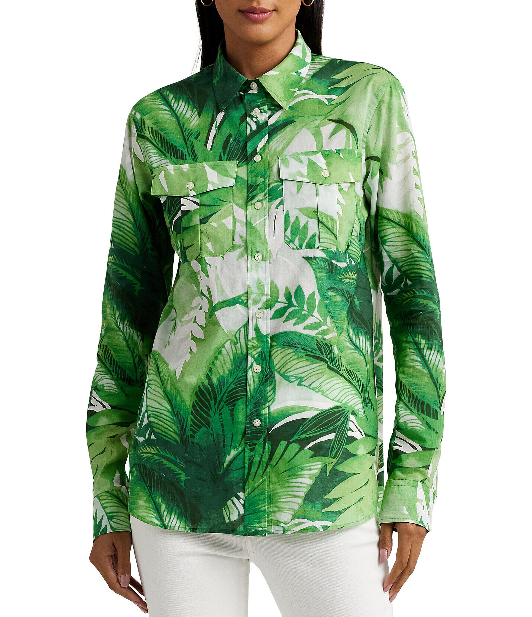 Lauren Ralph Lauren Palm Print Point Collar Long Sleeve Shirt | Dillard's