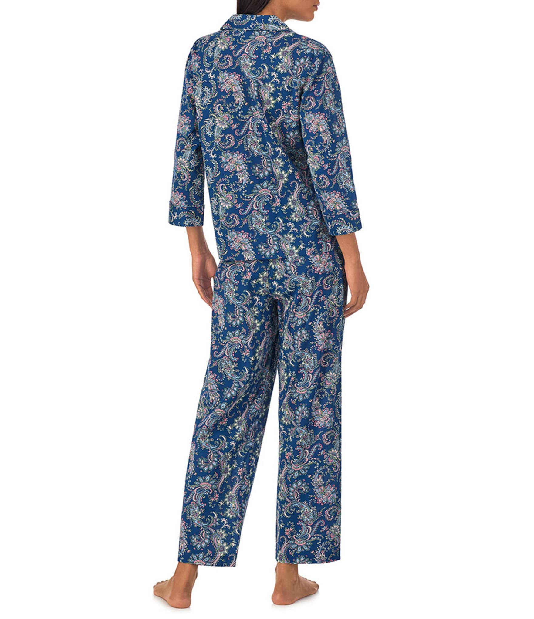 Lauren Ralph Lauren Petite Size 3/4 Sleeve Notch Collar Woven Paisley Pajama Set