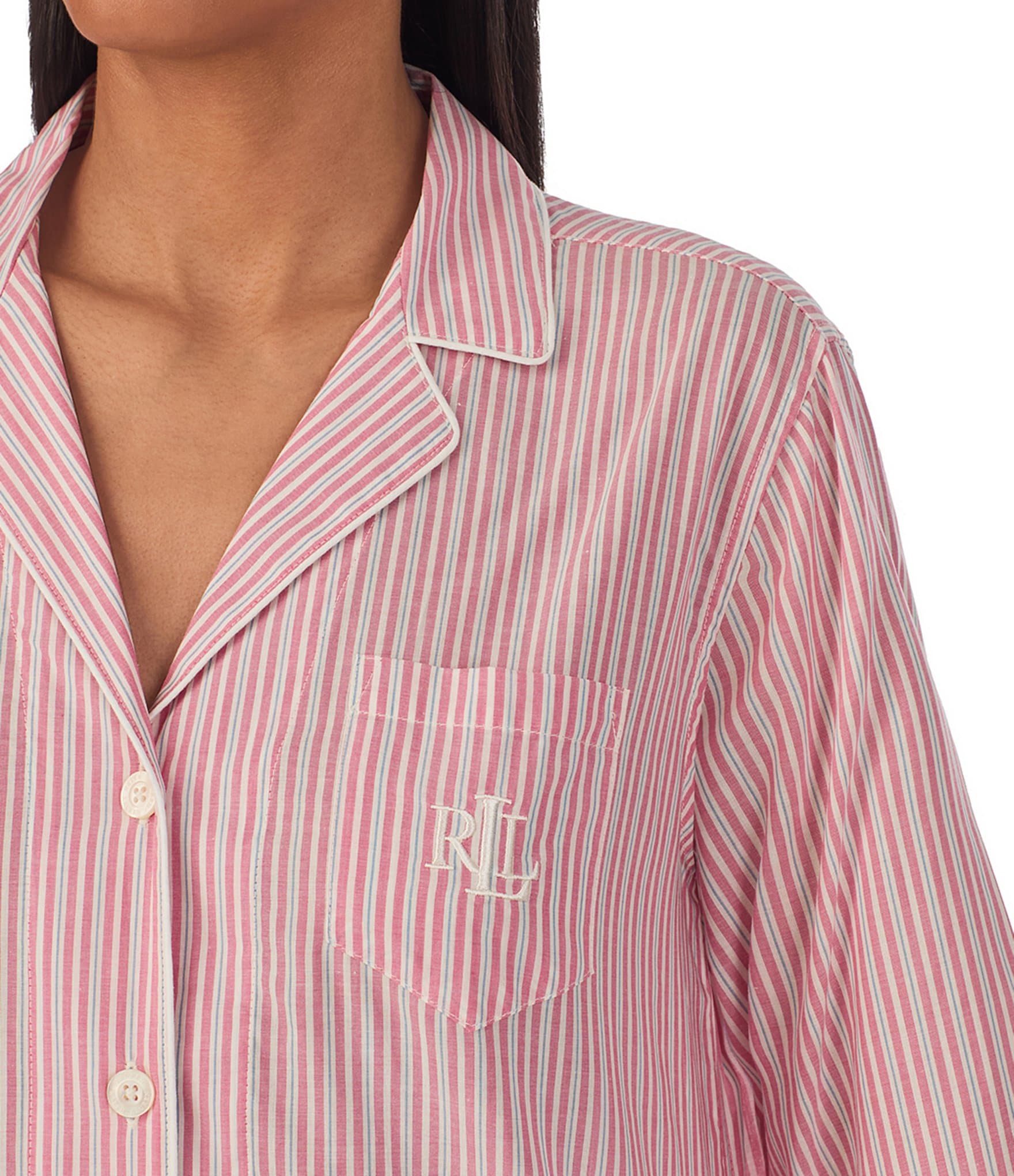 Lauren Ralph Lauren Petite Size 3/4 Sleeve Notch Collar Woven Striped Pajama Set