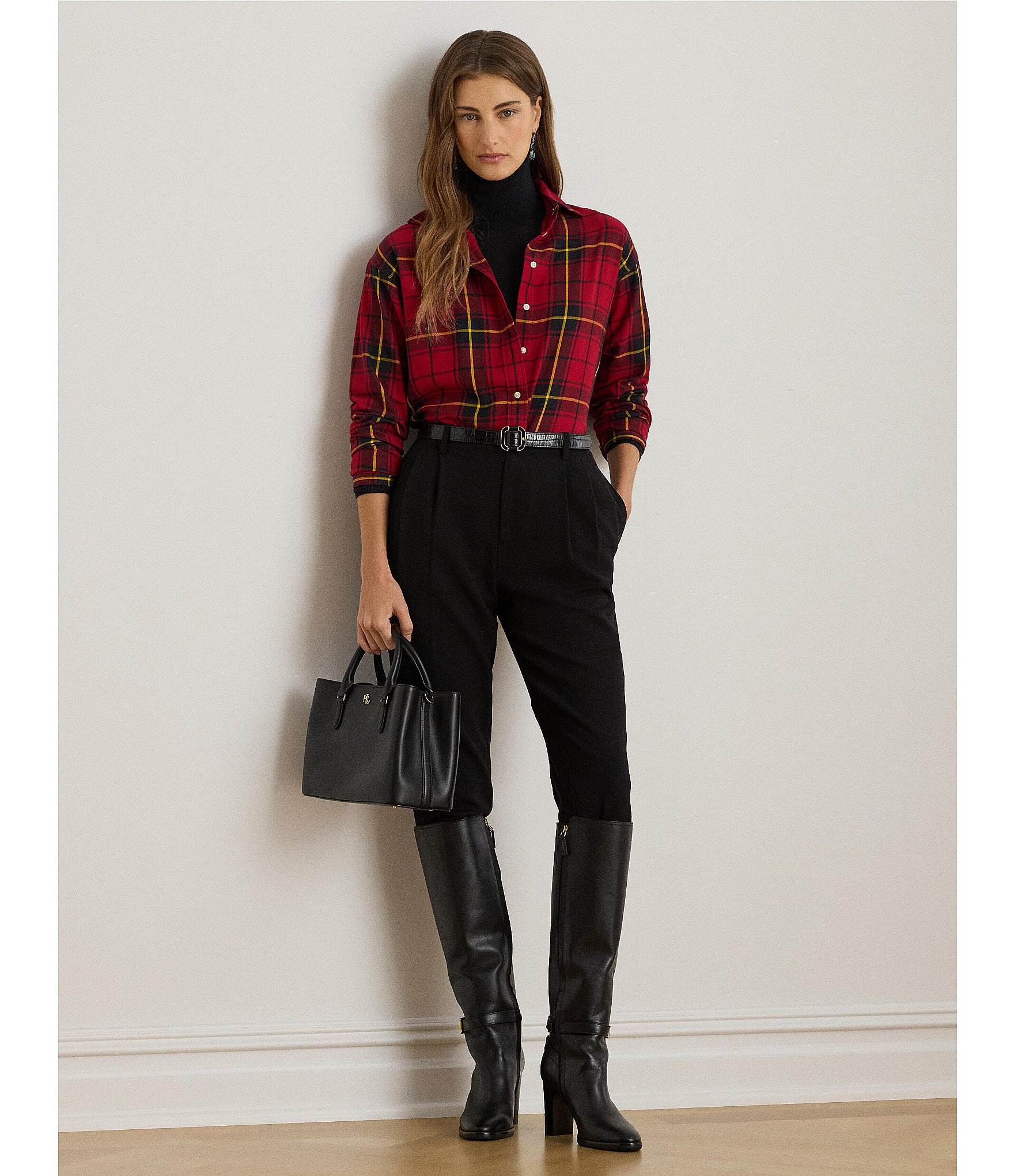 Lauren Ralph Lauren Petite Size Checked Plaid Point Collar Long Sleeve Button-Front Shirt