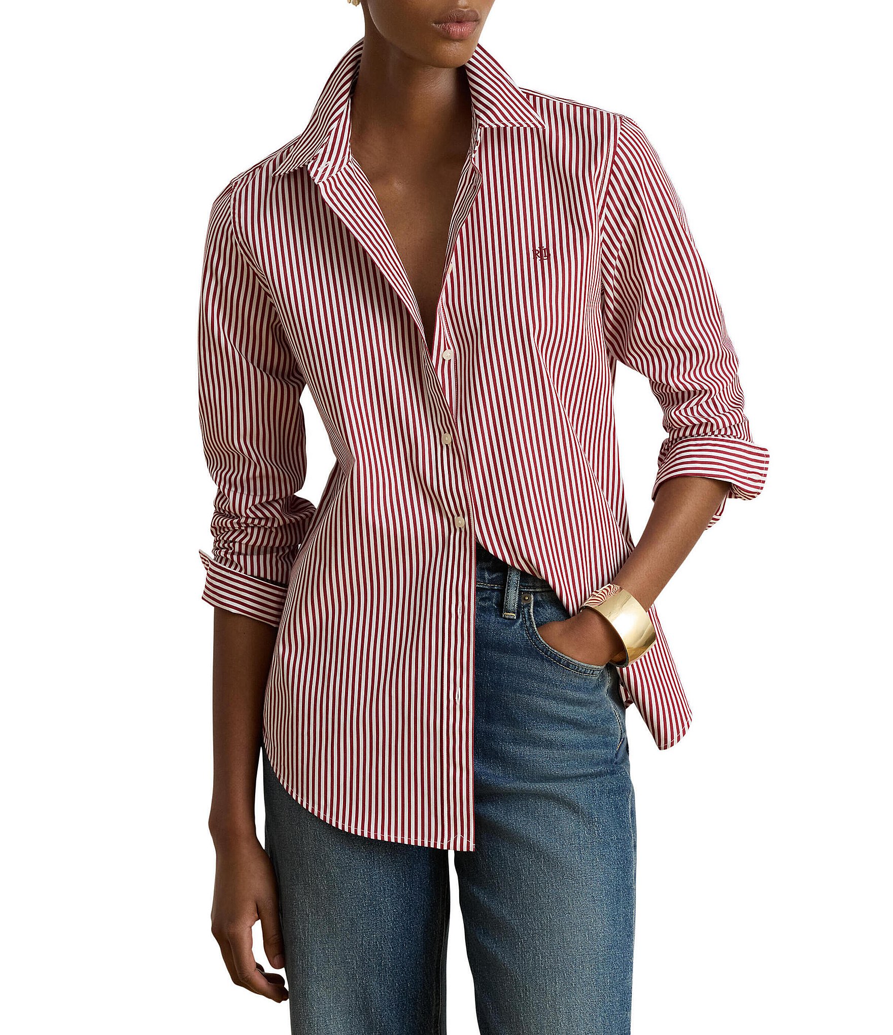 Lauren Ralph Lauren Petite Size Classic Striped Broadcloth Point Collar Long Sleeve Button Front Shirt