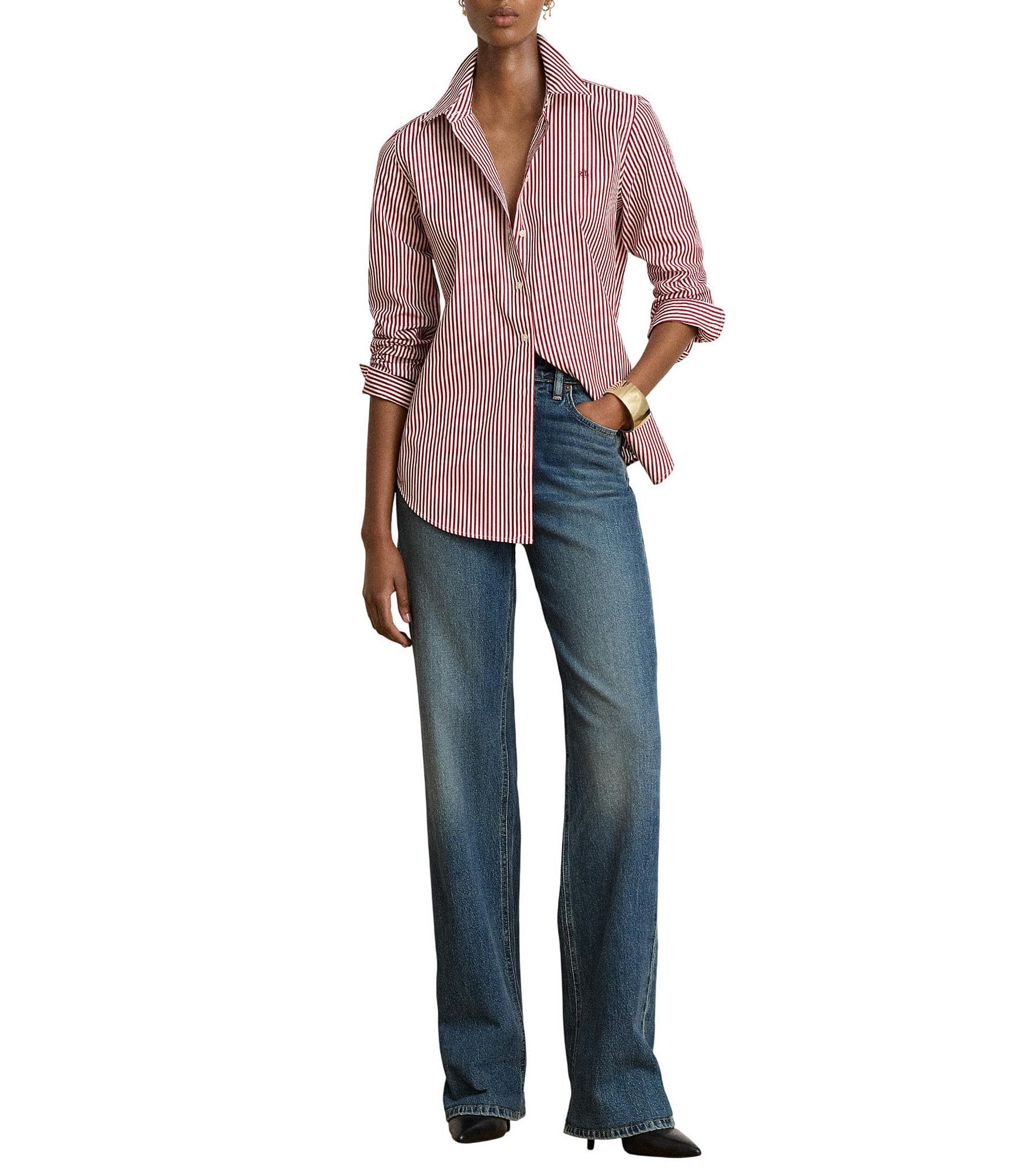Lauren Ralph Lauren Petite Size Classic Striped Broadcloth Point Collar Long Sleeve Button Front Shirt