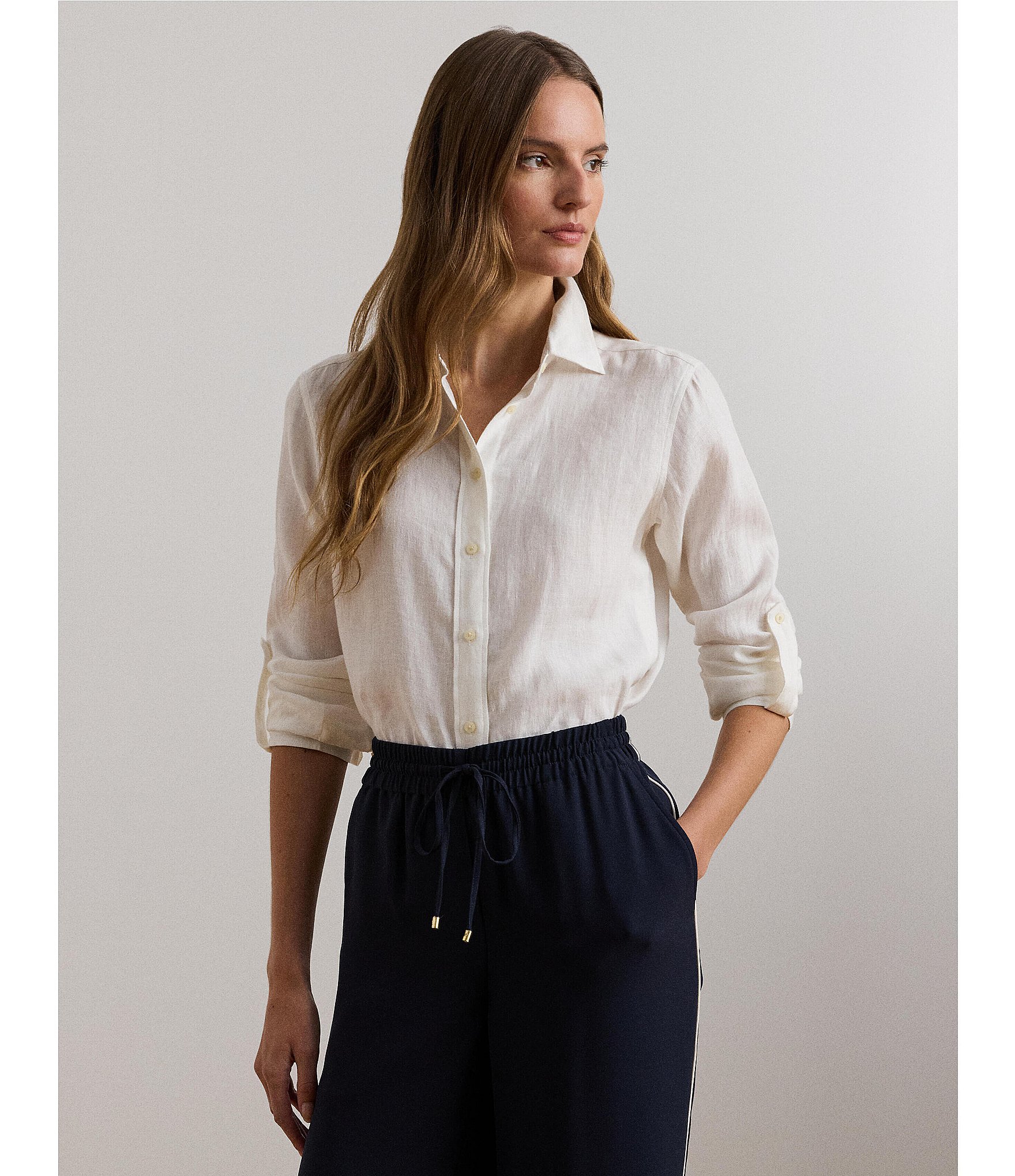 Lauren Ralph Lauren Petite Size Collared Long Sleeve Pleated Cuff Button Front Shirt