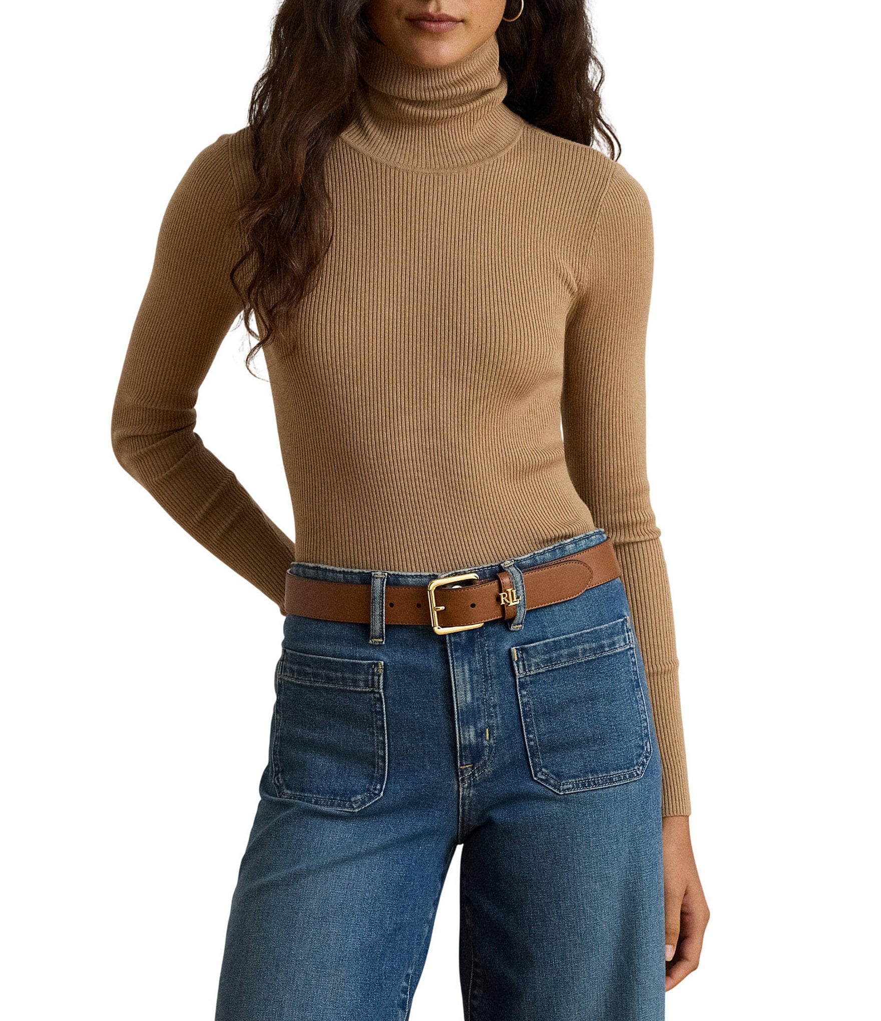 Lauren Ralph Lauren Petite Size Cotton-Blend Ribbed Turtle Neck Long Sleeve Top