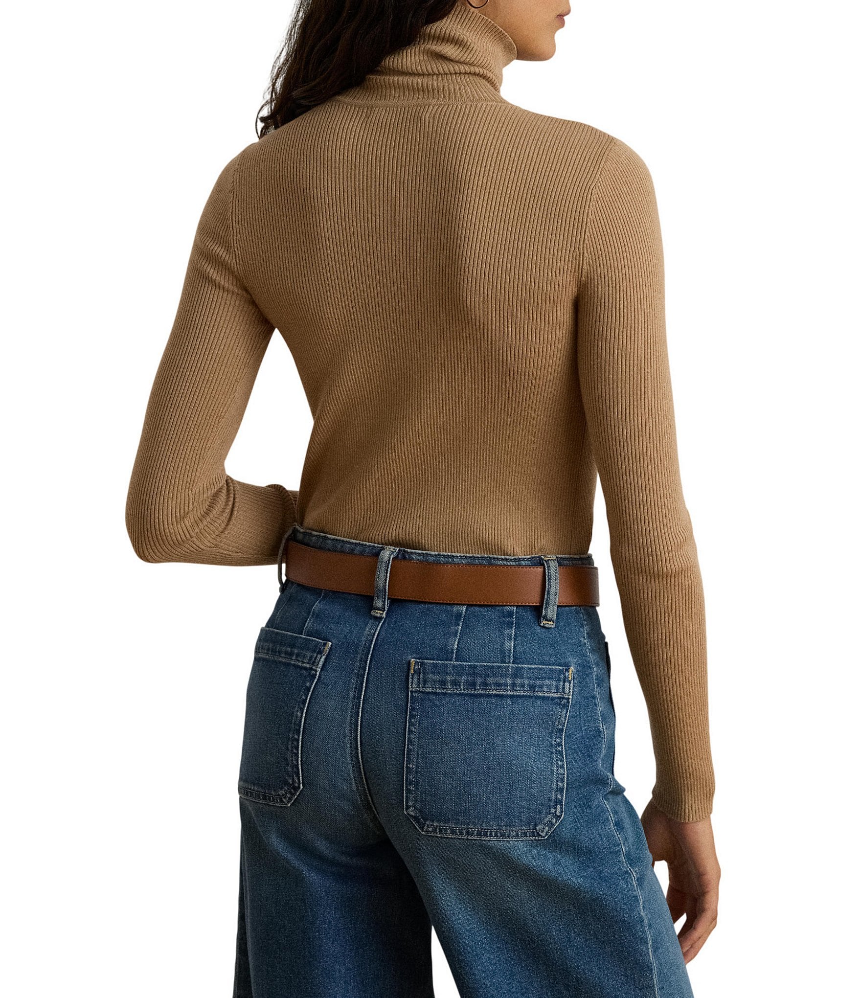 Lauren Ralph Lauren Petite Size Cotton-Blend Ribbed Turtle Neck Long Sleeve Top