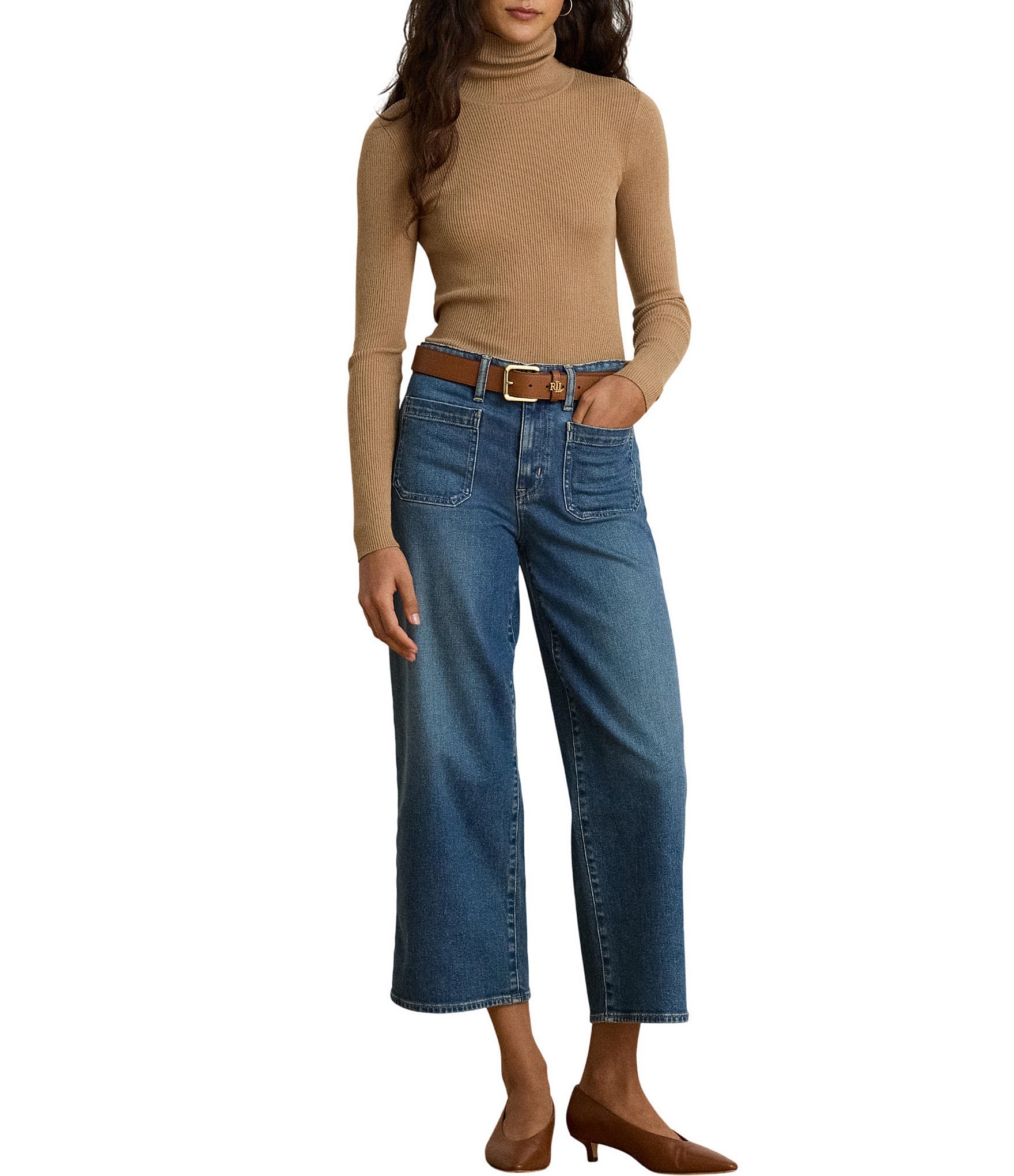 Lauren Ralph Lauren Petite Size Cotton-Blend Ribbed Turtle Neck Long Sleeve Top
