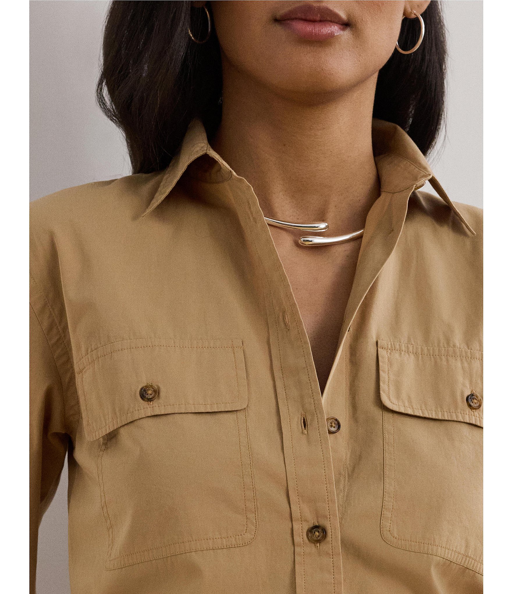Lauren Ralph Lauren Petite Size Cotton Point Collar Long Sleeve Button Front Shirt