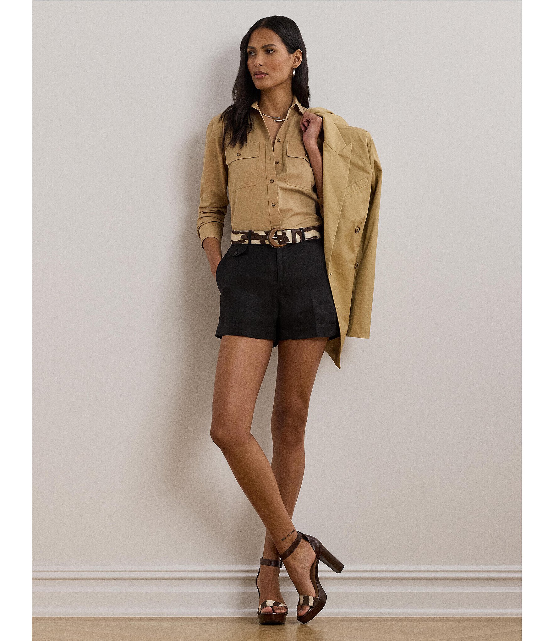 Lauren Ralph Lauren Petite Size Cotton Point Collar Long Sleeve Button Front Shirt