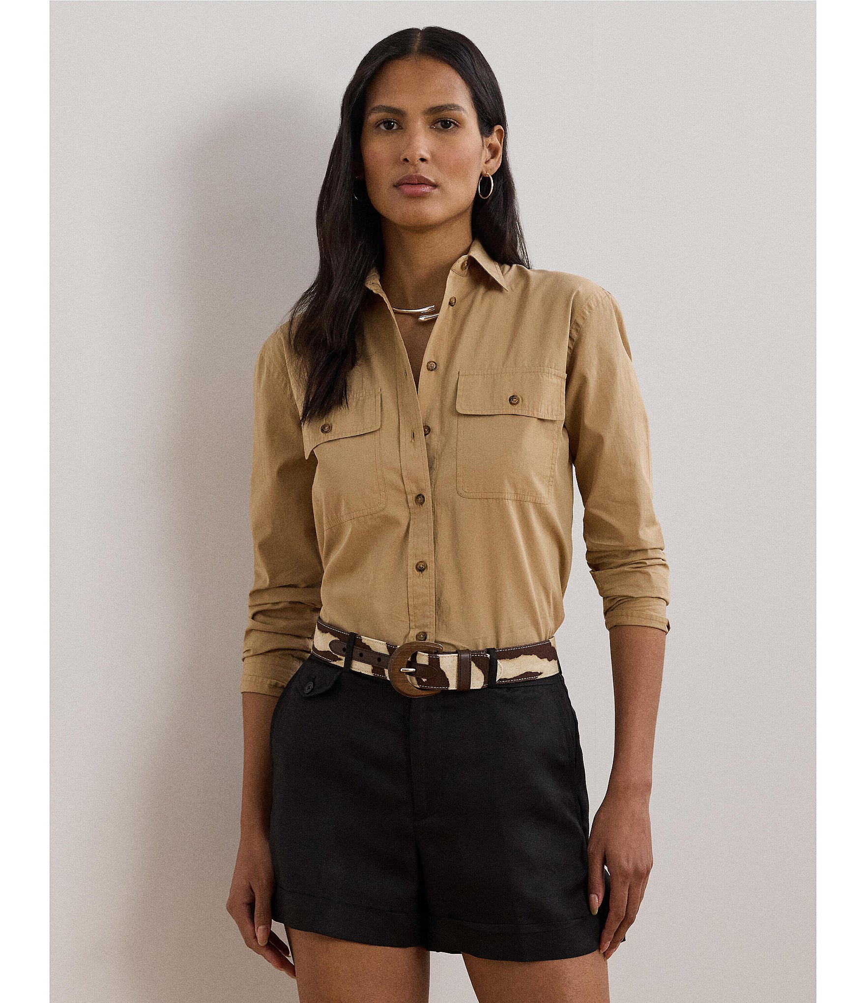Lauren Ralph Lauren Petite Size Cotton Point Collar Long Sleeve Button Front Shirt