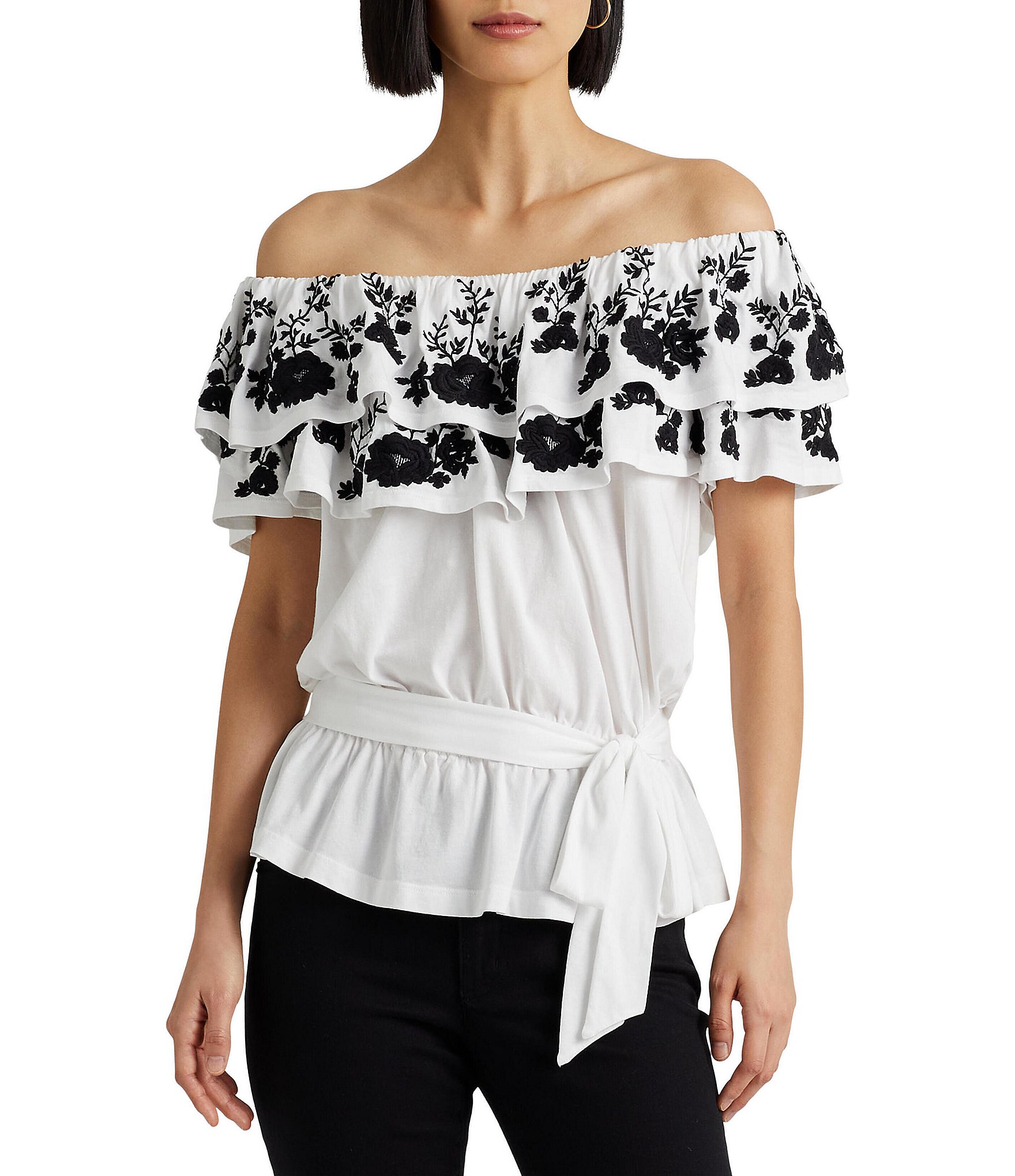 Lauren Lauren Petite Size Embroidered Jersey Off-The-Shoulder Tie Waist Peplum | Dillard's