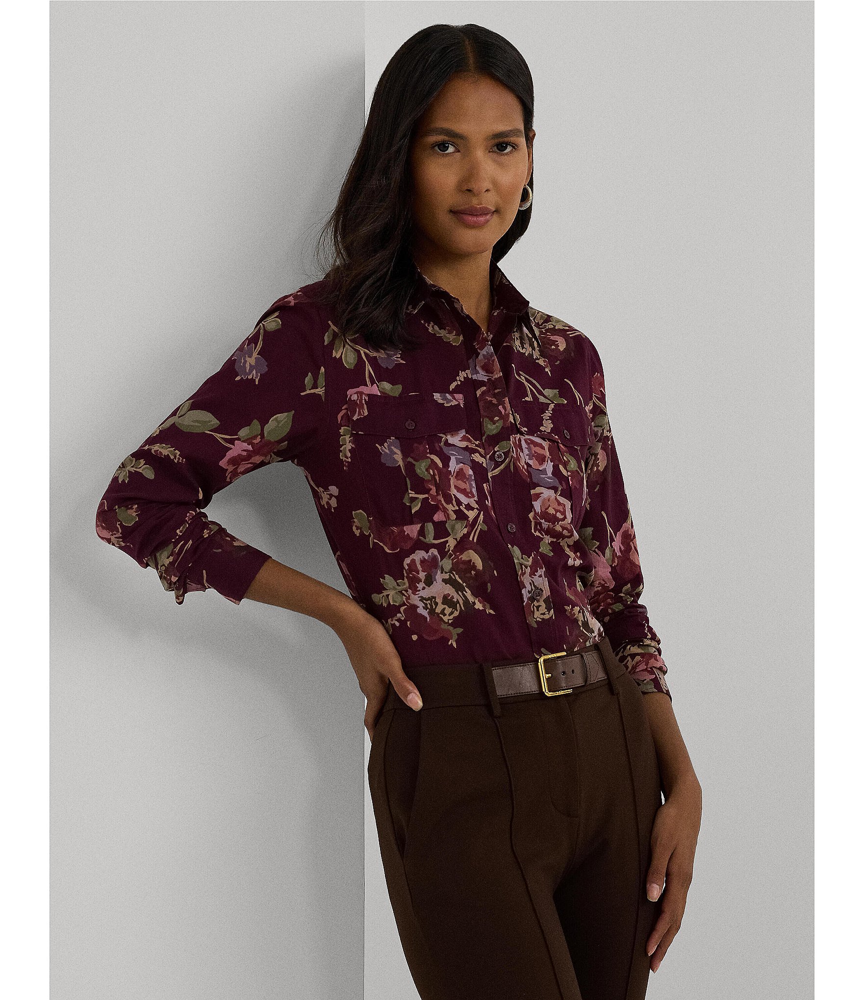 Lauren Ralph Lauren Petite Size Floral Cotton Voile Point Collar Long Sleeve Button-Front Shirt