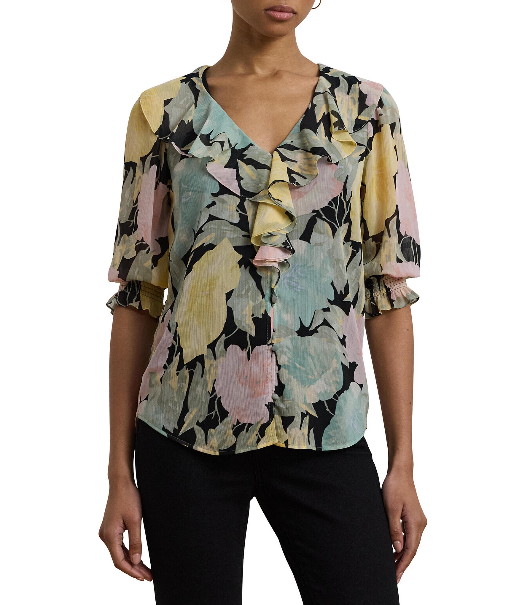 Lauren Ralph Lauren Petite Size Floral Crinkle Georgette
