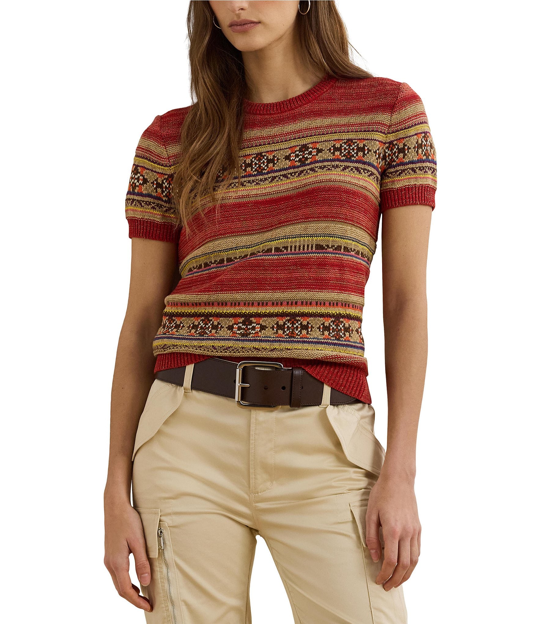 Lauren Ralph Lauren Petite Size Geometric Stripe Ribbed Crew Neck Short Sleeve Pullover Sweater