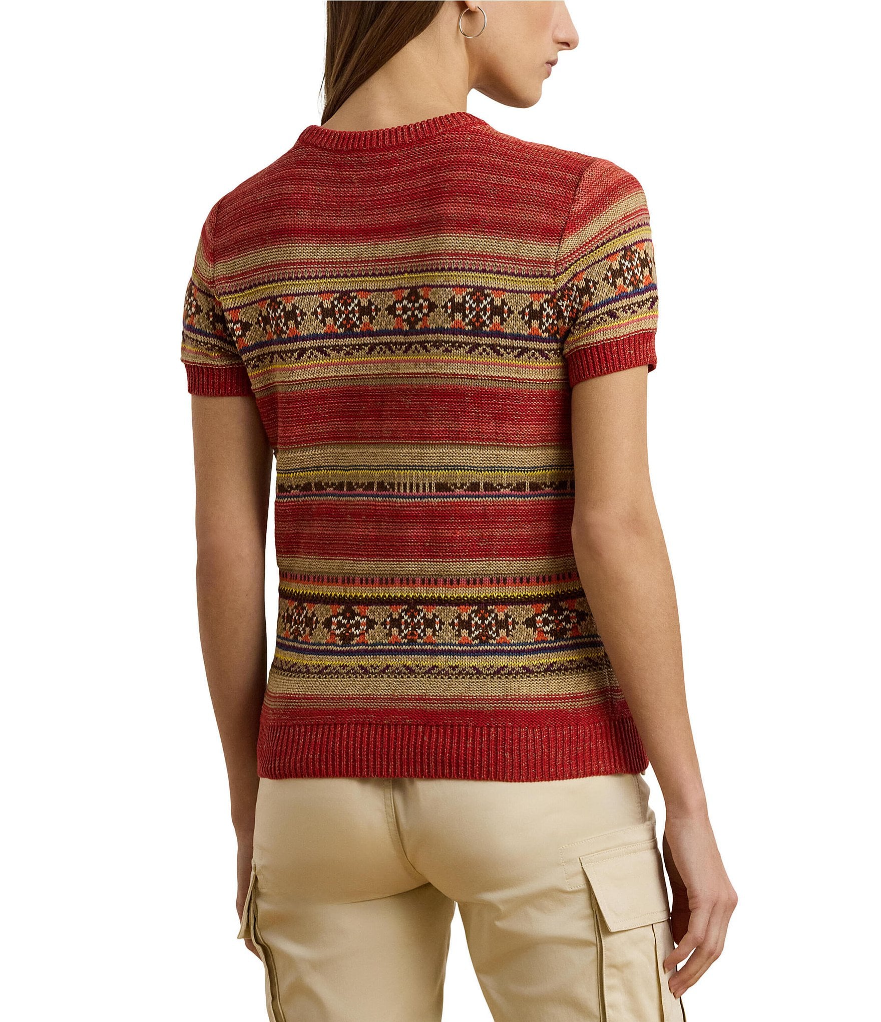 Lauren Ralph Lauren Petite Size Geometric Stripe Ribbed Crew Neck Short Sleeve Pullover Sweater
