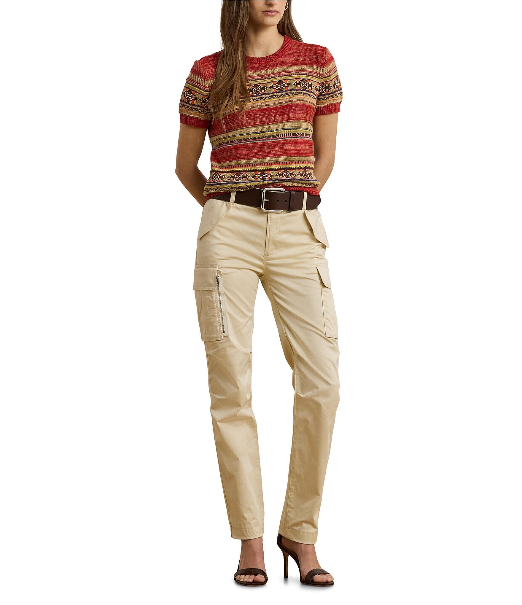 Lauren Ralph Lauren Petite Size Geometric Stripe Ribbed Crew Neck Short Sleeve Pullover Sweater