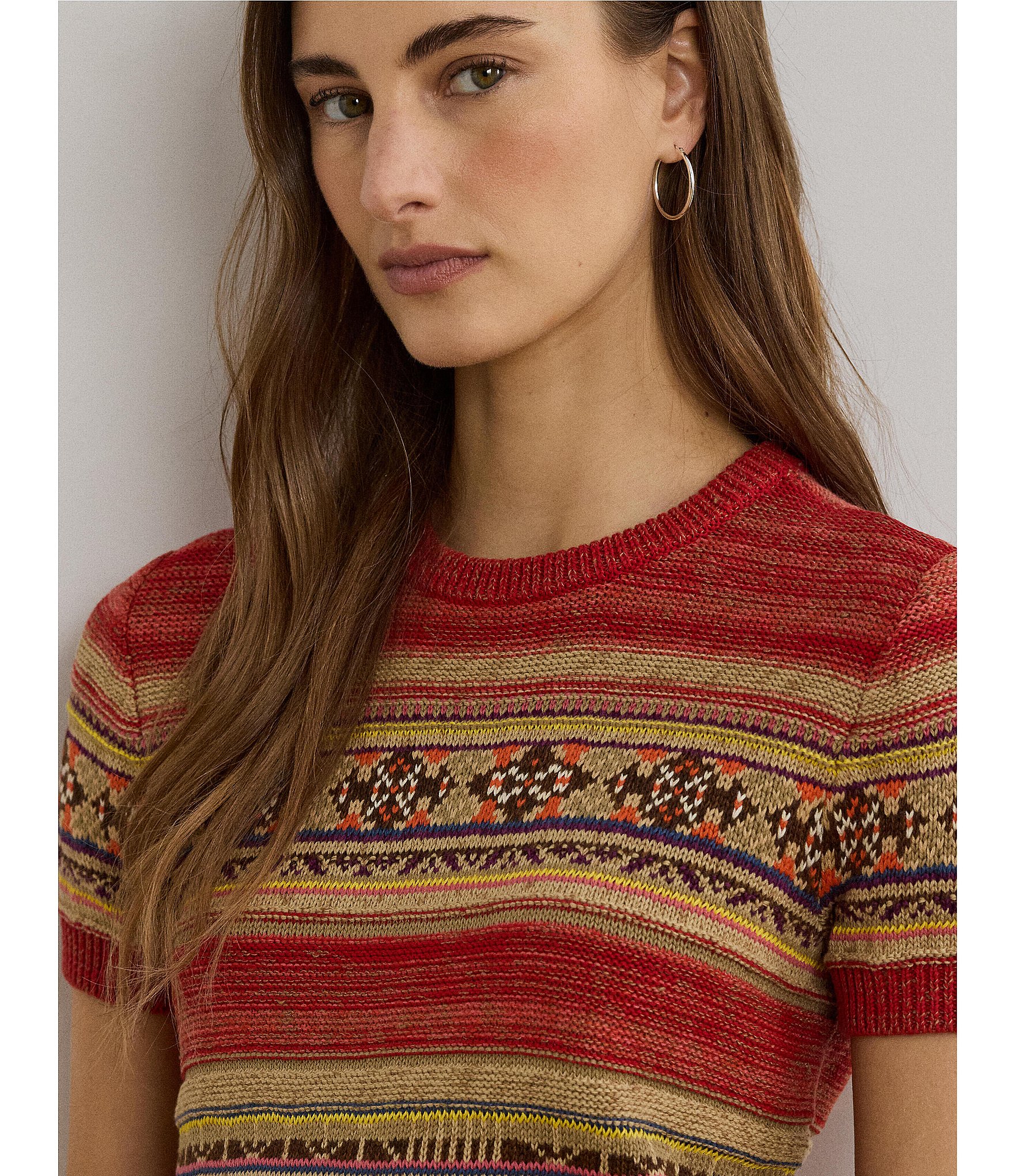 Lauren Ralph Lauren Petite Size Geometric Stripe Ribbed Crew Neck Short Sleeve Pullover Sweater