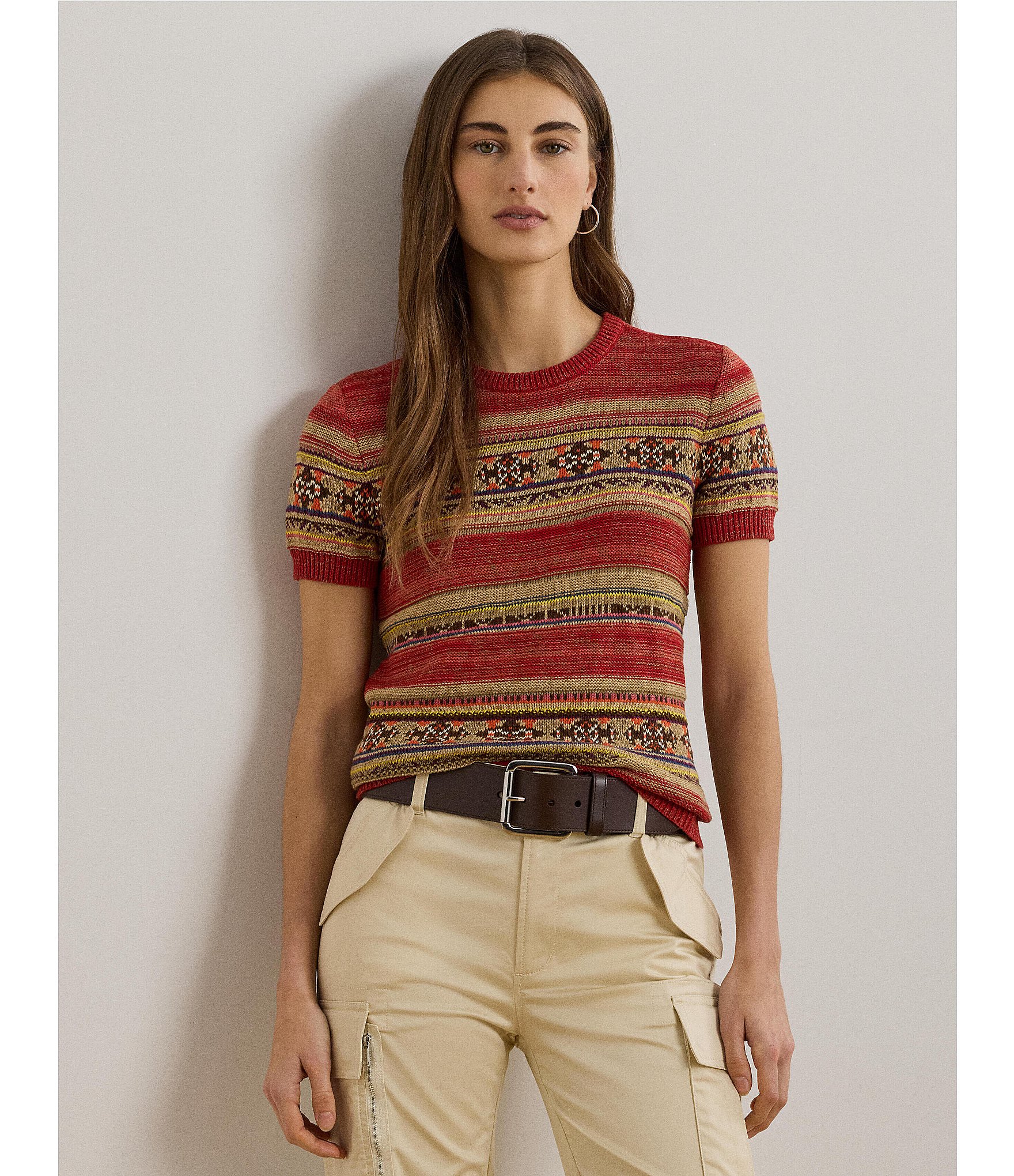 Lauren Ralph Lauren Petite Size Geometric Stripe Ribbed Crew Neck Short Sleeve Pullover Sweater