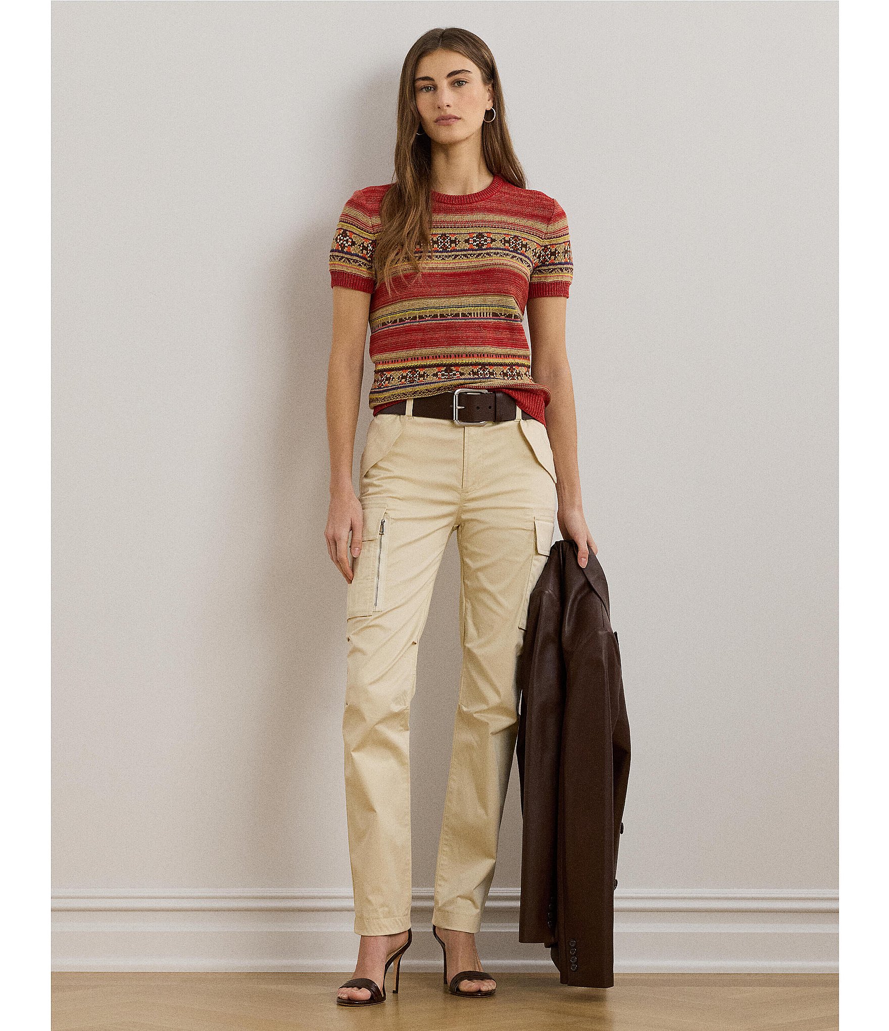 Lauren Ralph Lauren Petite Size Geometric Stripe Ribbed Crew Neck Short Sleeve Pullover Sweater