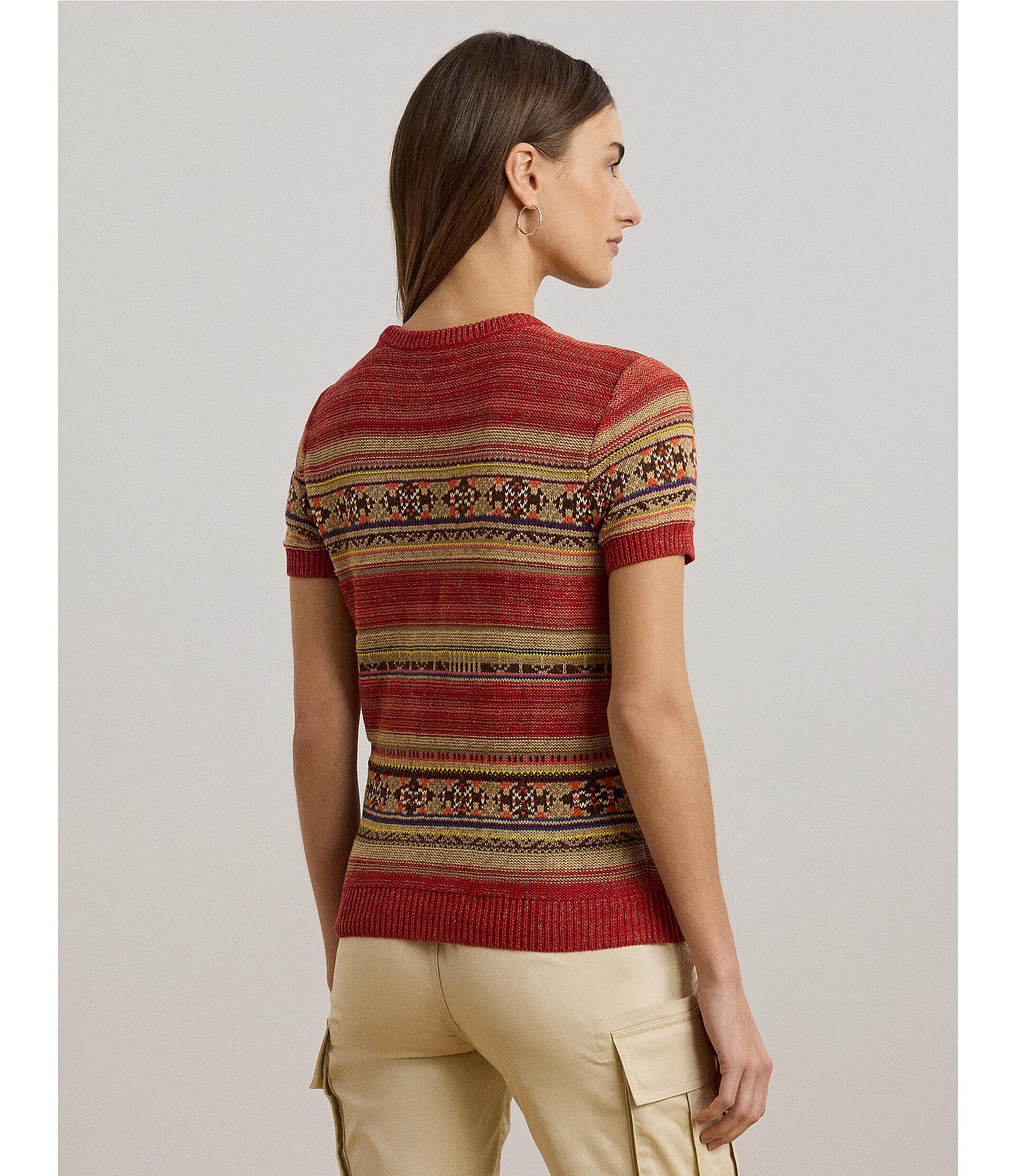 Lauren Ralph Lauren Petite Size Geometric Stripe Ribbed Crew Neck Short Sleeve Pullover Sweater