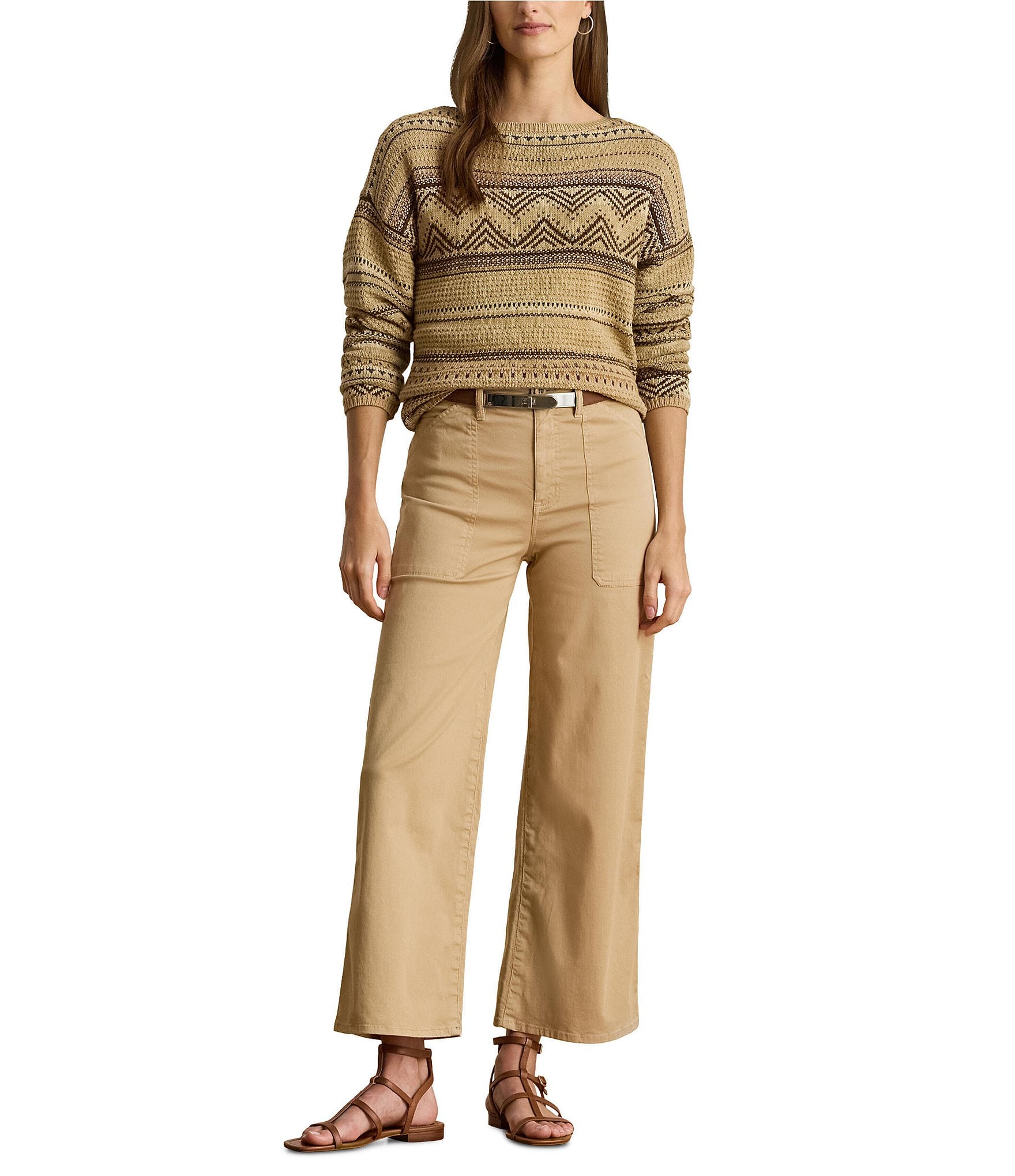 Lauren Ralph Lauren Petite Size High Rise Cotton Wide-Leg Cropped Pants