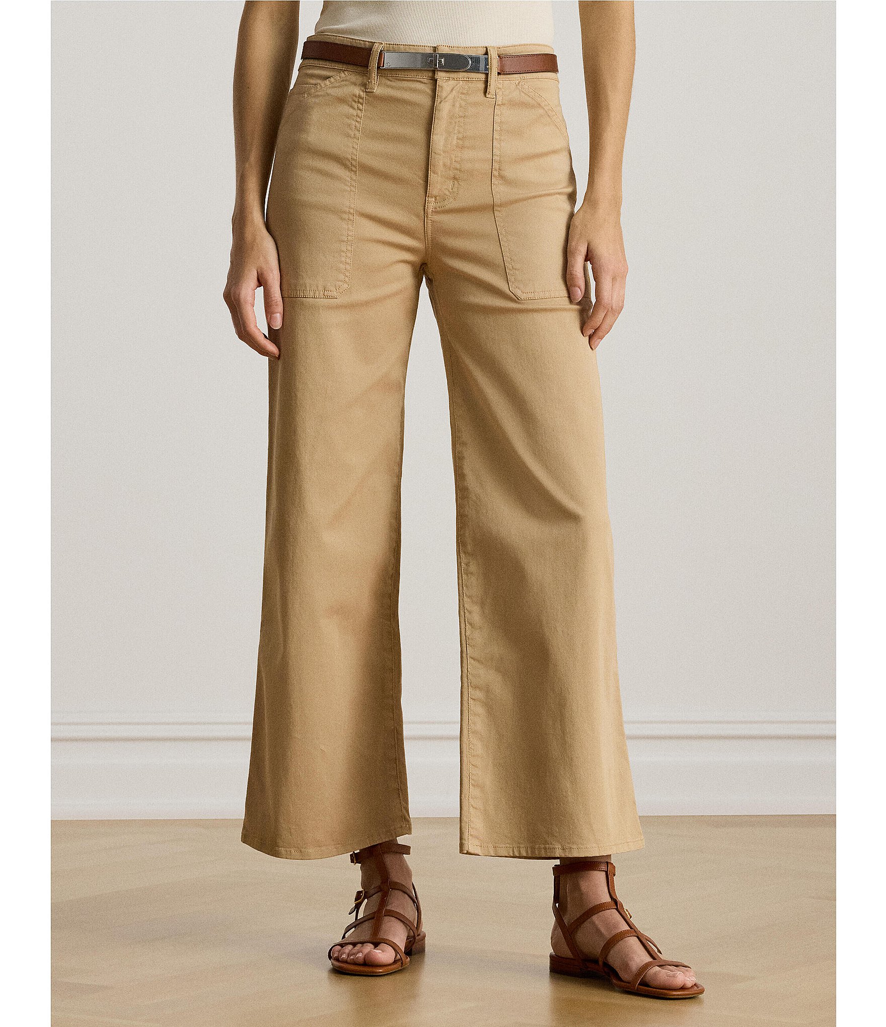 Lauren Ralph Lauren Petite Size High Rise Cotton Wide-Leg Cropped Pants
