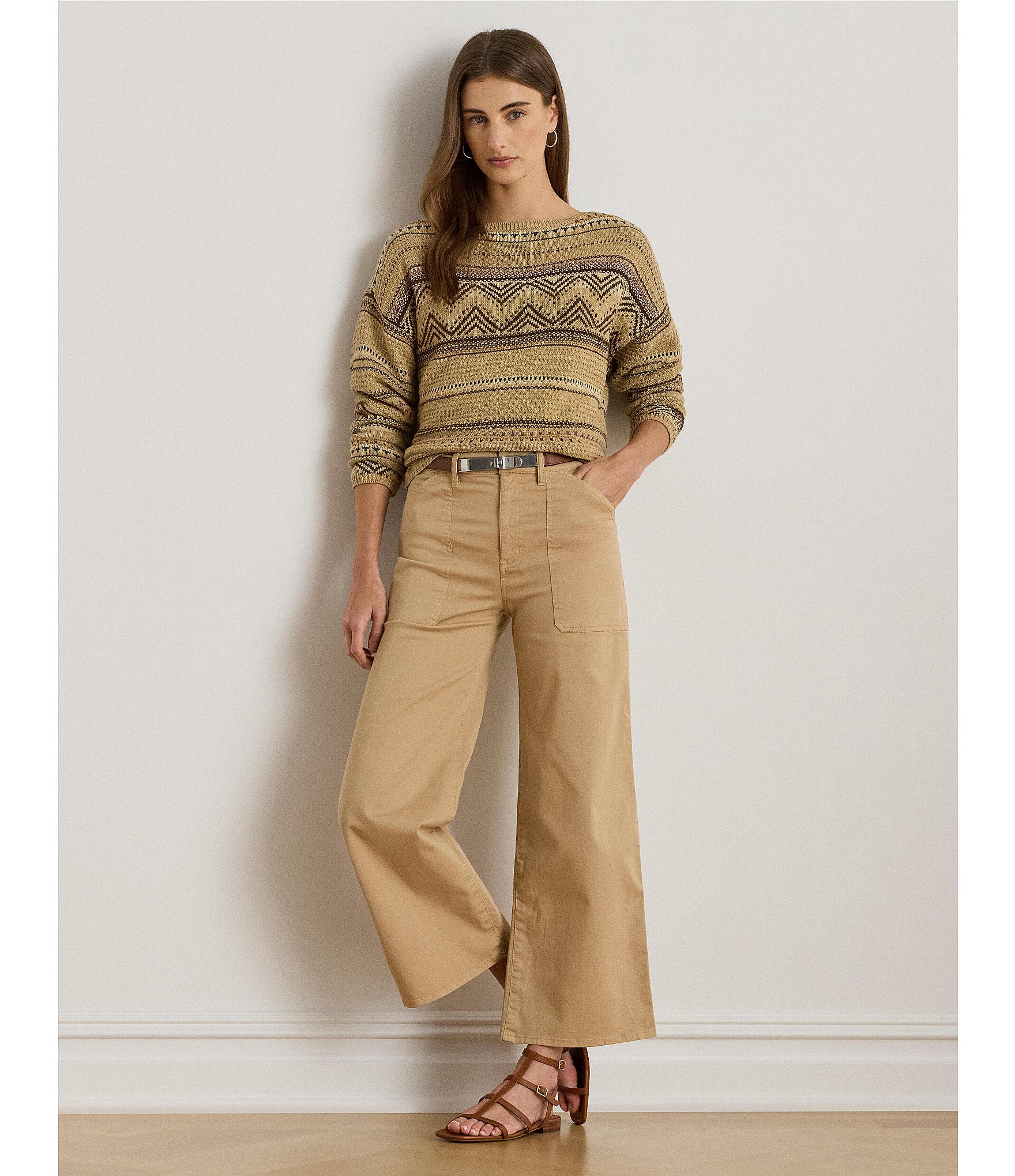 Lauren Ralph Lauren Petite Size High Rise Cotton Wide-Leg Cropped Pants