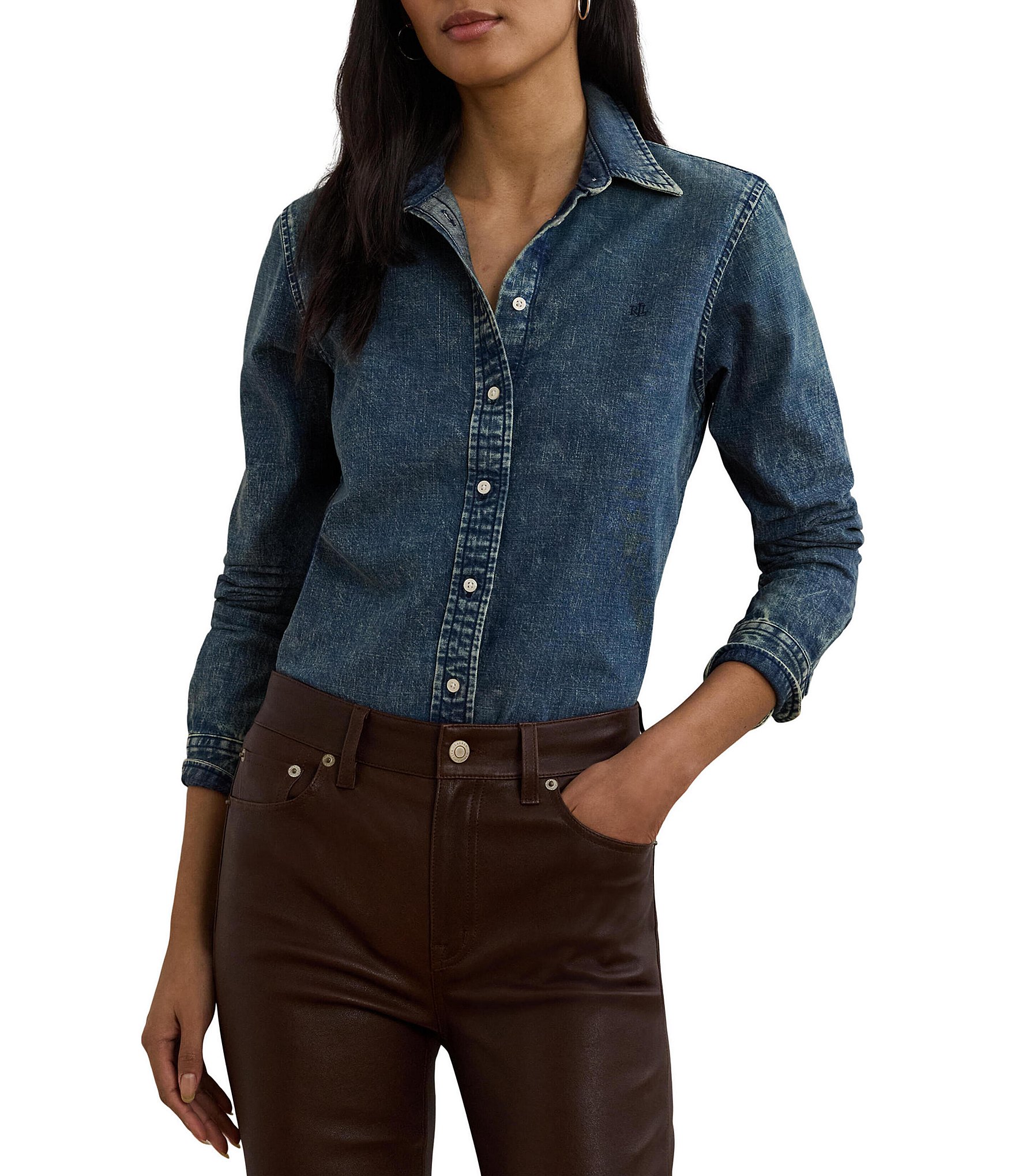 Lauren Ralph Lauren Petite Size Jamelko Point Collar Long Sleeve Classic Fit Denim Shirt
