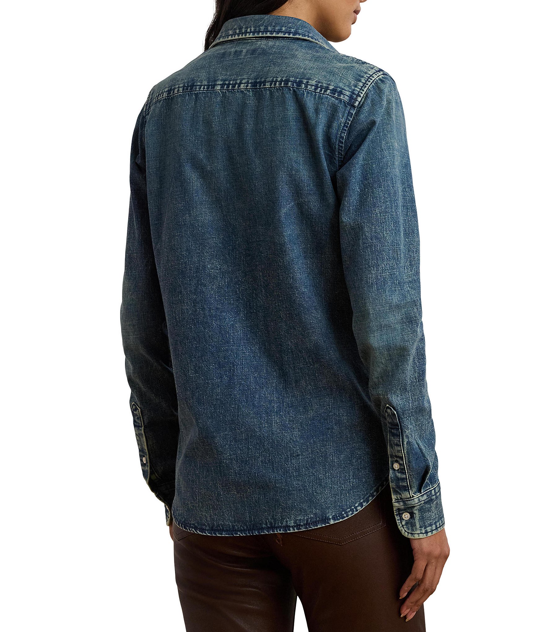 Lauren Ralph Lauren Petite Size Jamelko Point Collar Long Sleeve Classic Fit Denim Shirt