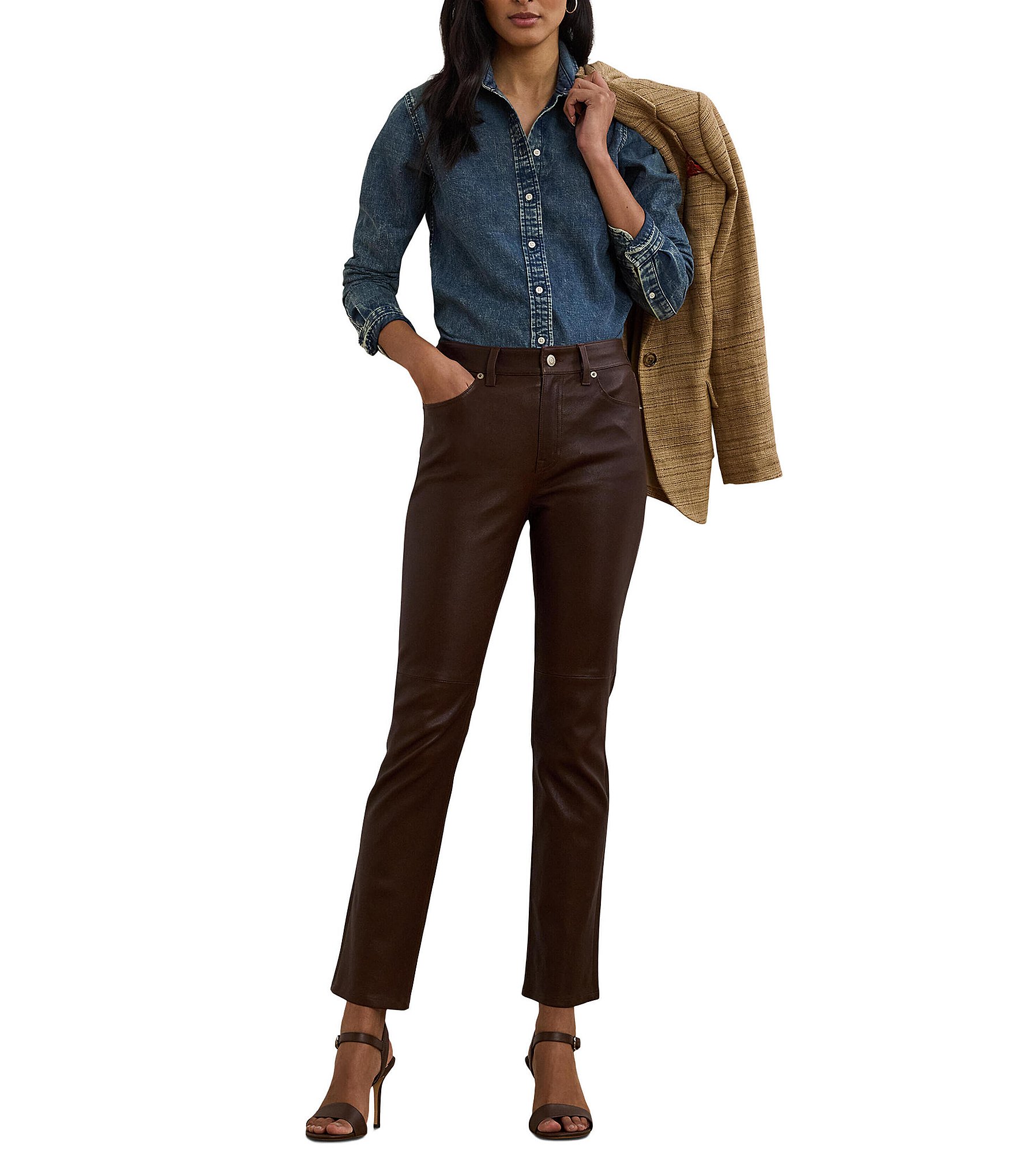 Lauren Ralph Lauren Petite Size Jamelko Point Collar Long Sleeve Classic Fit Denim Shirt