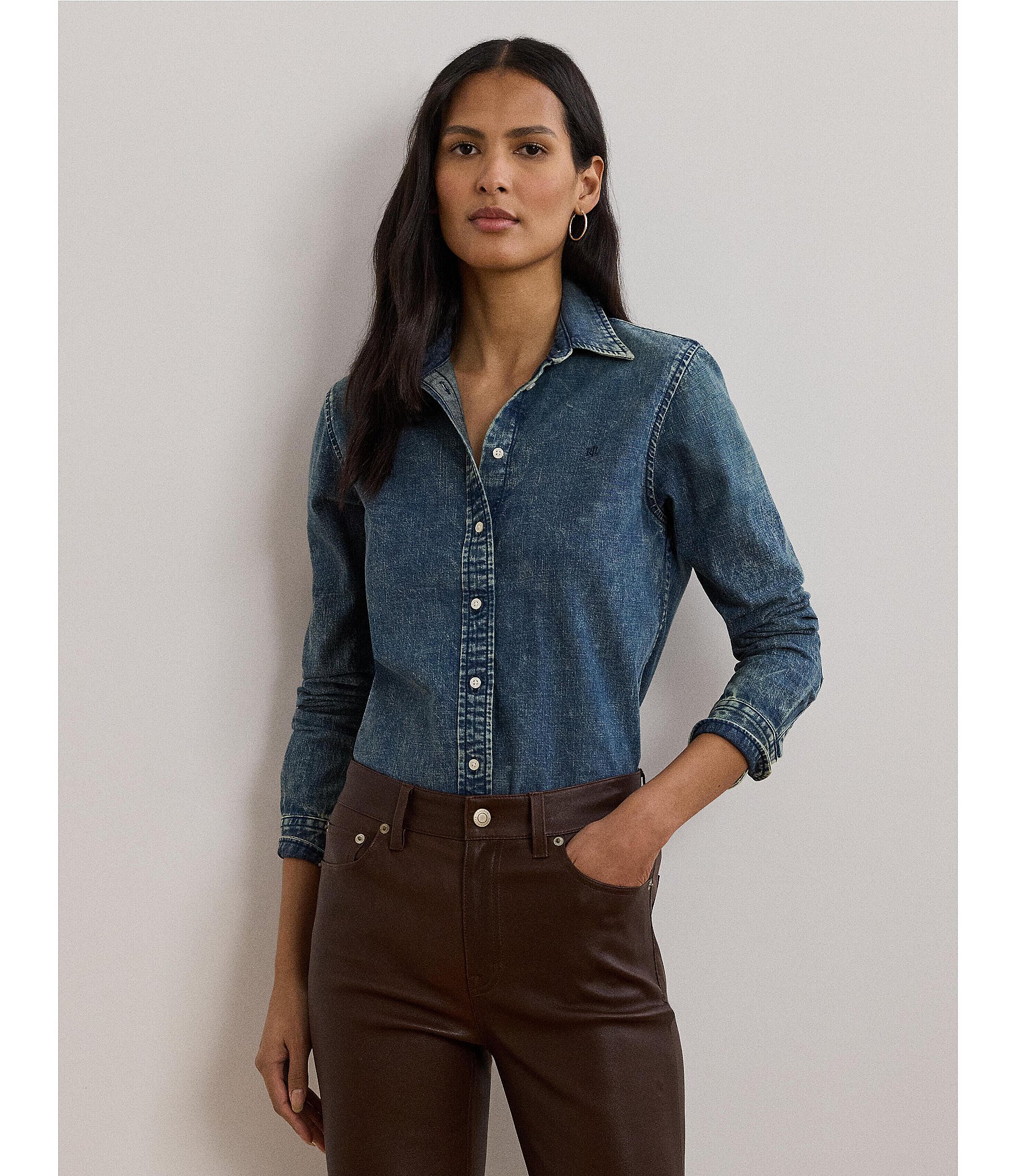Lauren Ralph Lauren Petite Size Jamelko Point Collar Long Sleeve Classic Fit Denim Shirt