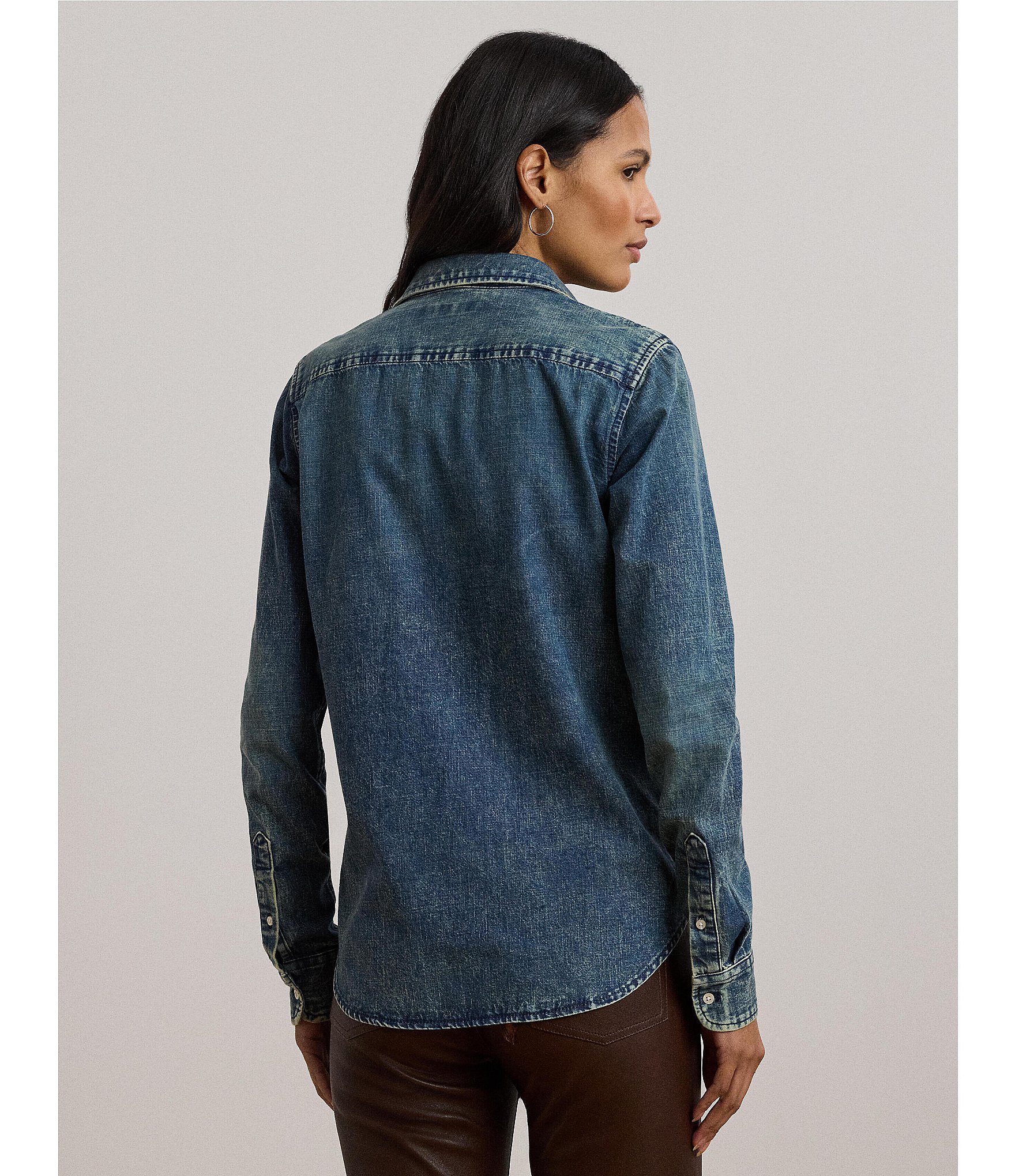 Lauren Ralph Lauren Petite Size Jamelko Point Collar Long Sleeve Classic Fit Denim Shirt