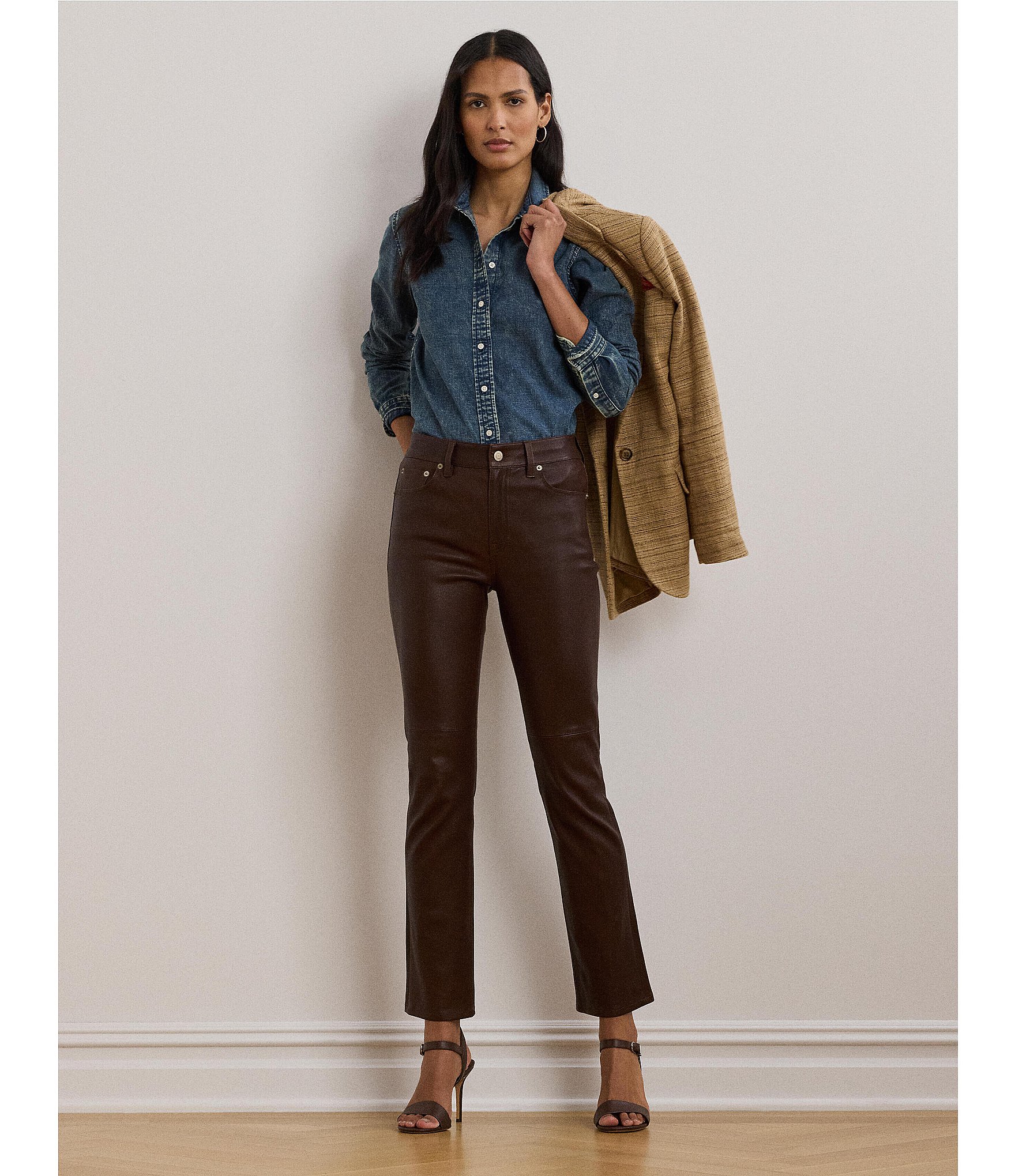 Lauren Ralph Lauren Petite Size Jamelko Point Collar Long Sleeve Classic Fit Denim Shirt