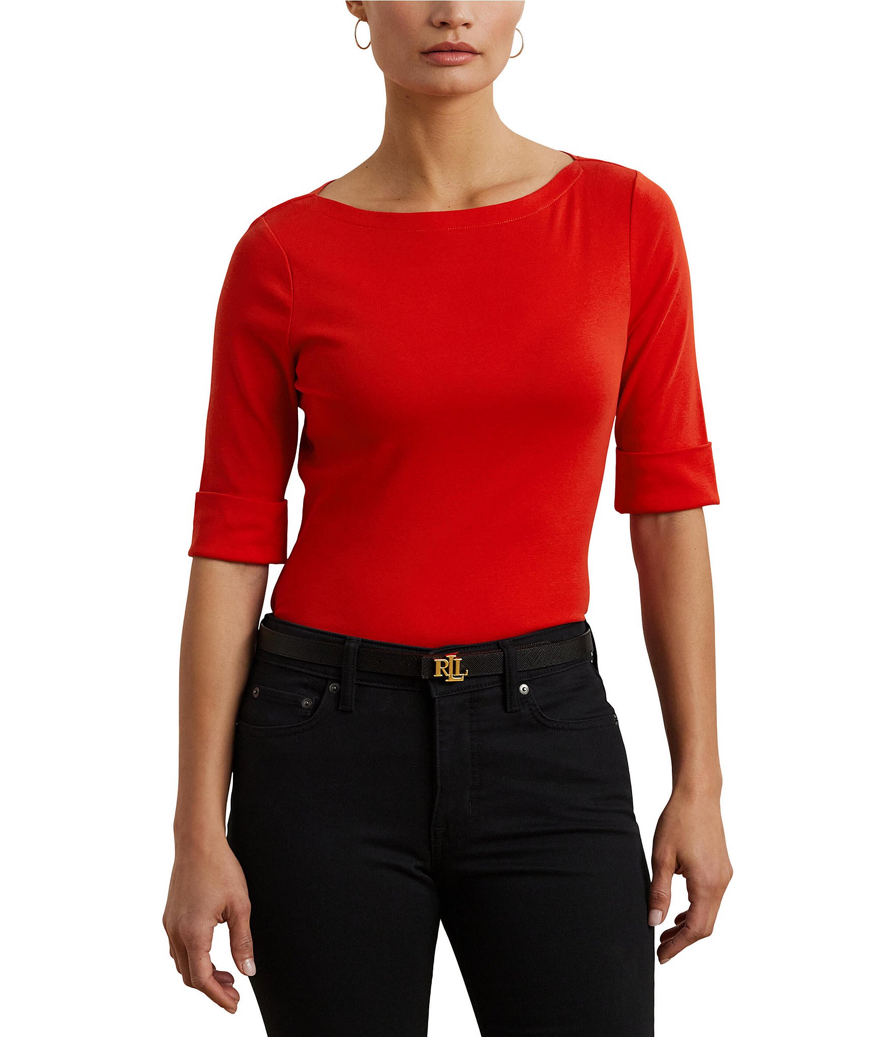 Lauren Ralph Lauren Petite Size Judy Solid Stretch-Infuse Cotton Boat Neck Tee