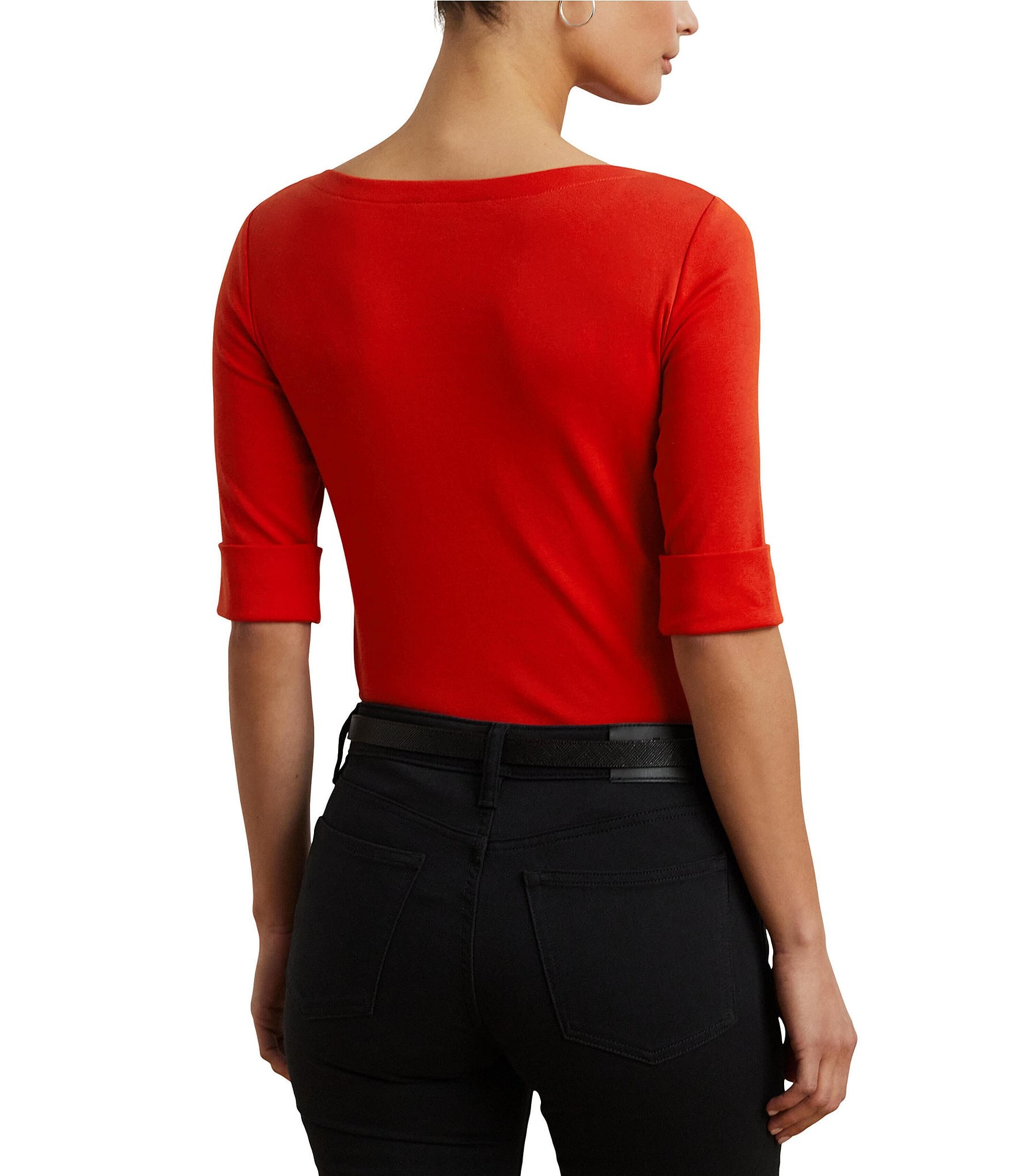 Lauren Ralph Lauren Petite Size Judy Solid Stretch-Infuse Cotton Boat Neck Tee