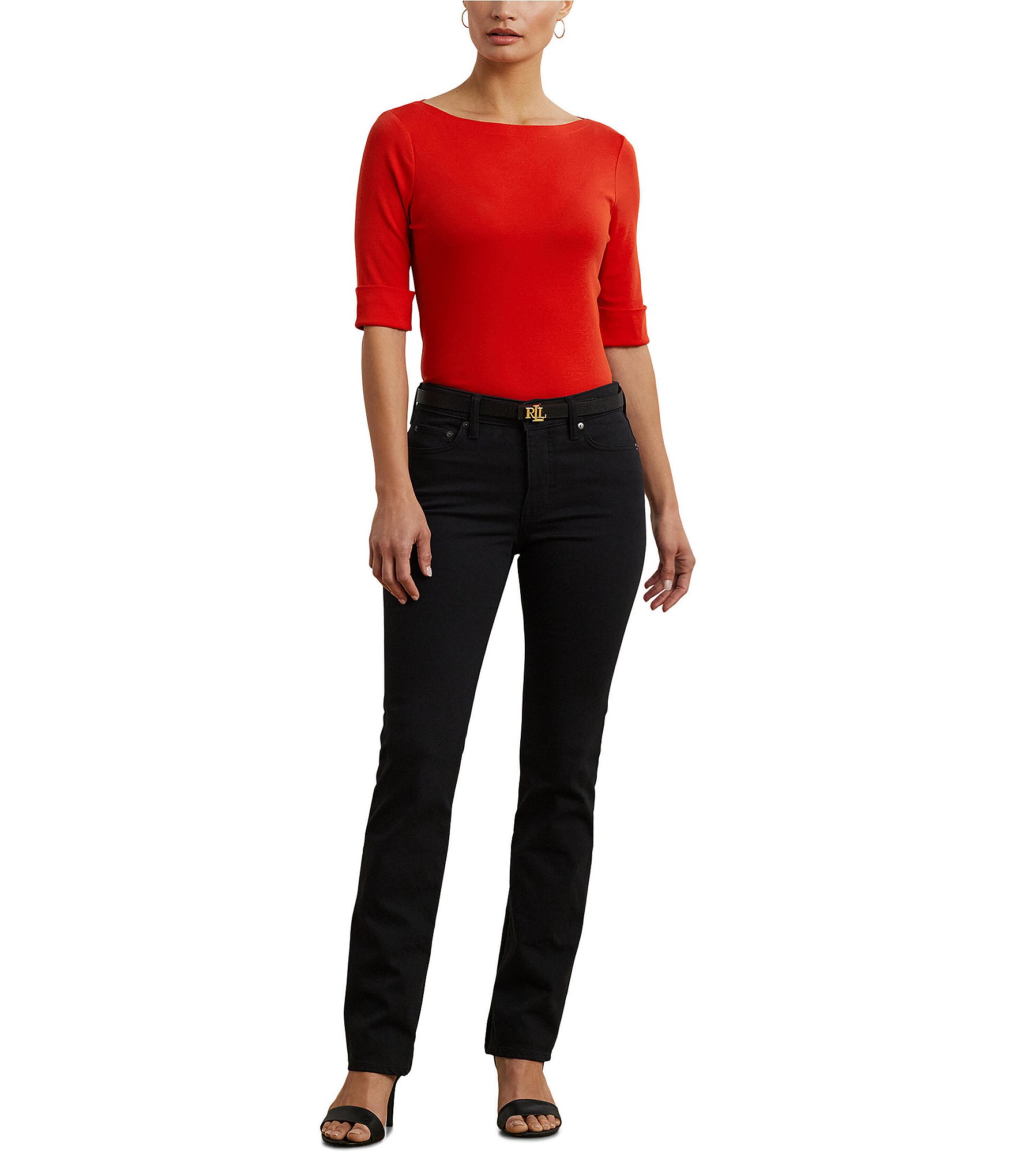 Lauren Ralph Lauren Petite Size Judy Solid Stretch-Infuse Cotton Boat Neck Tee