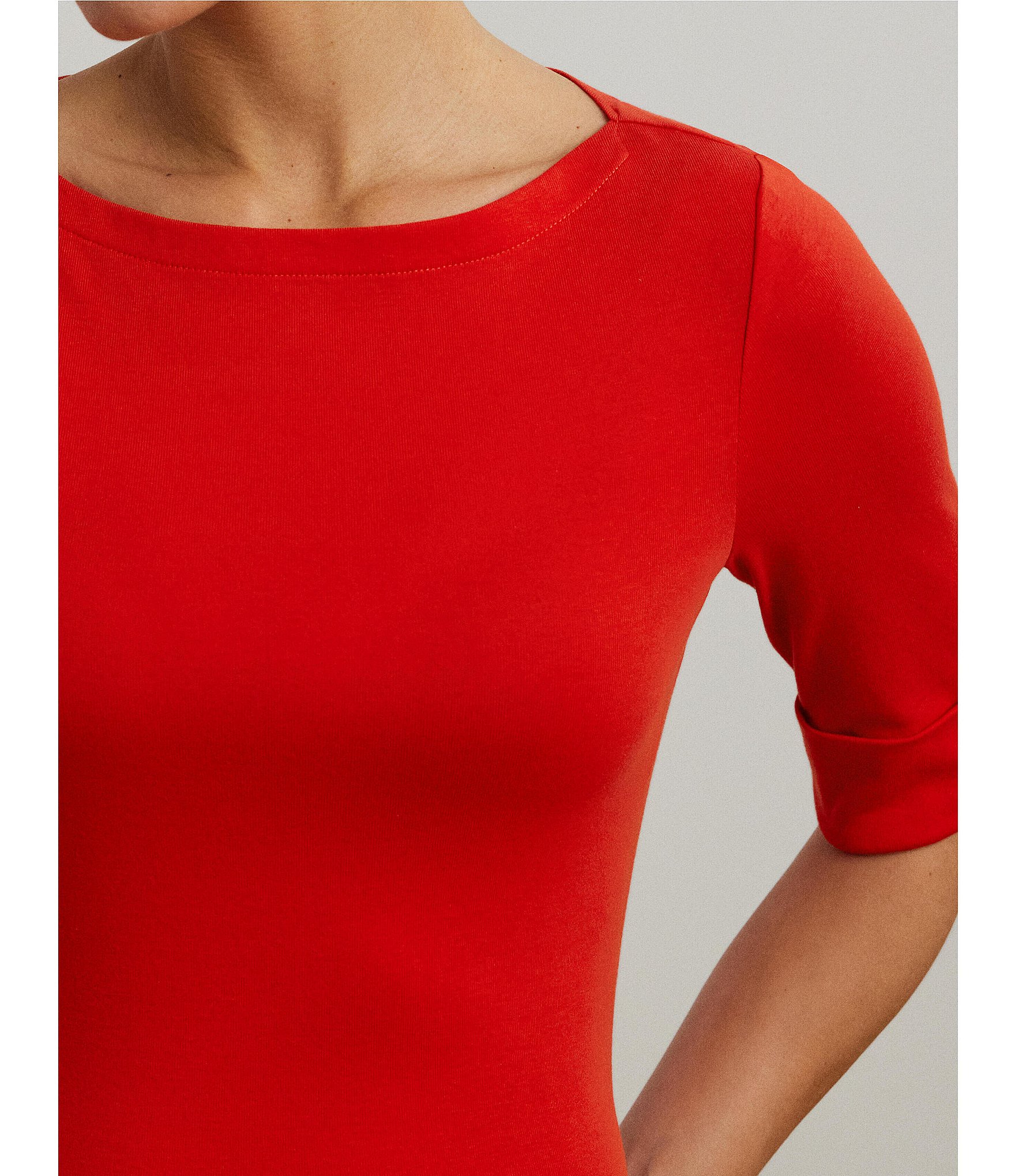 Lauren Ralph Lauren Petite Size Judy Solid Stretch-Infuse Cotton Boat Neck Tee