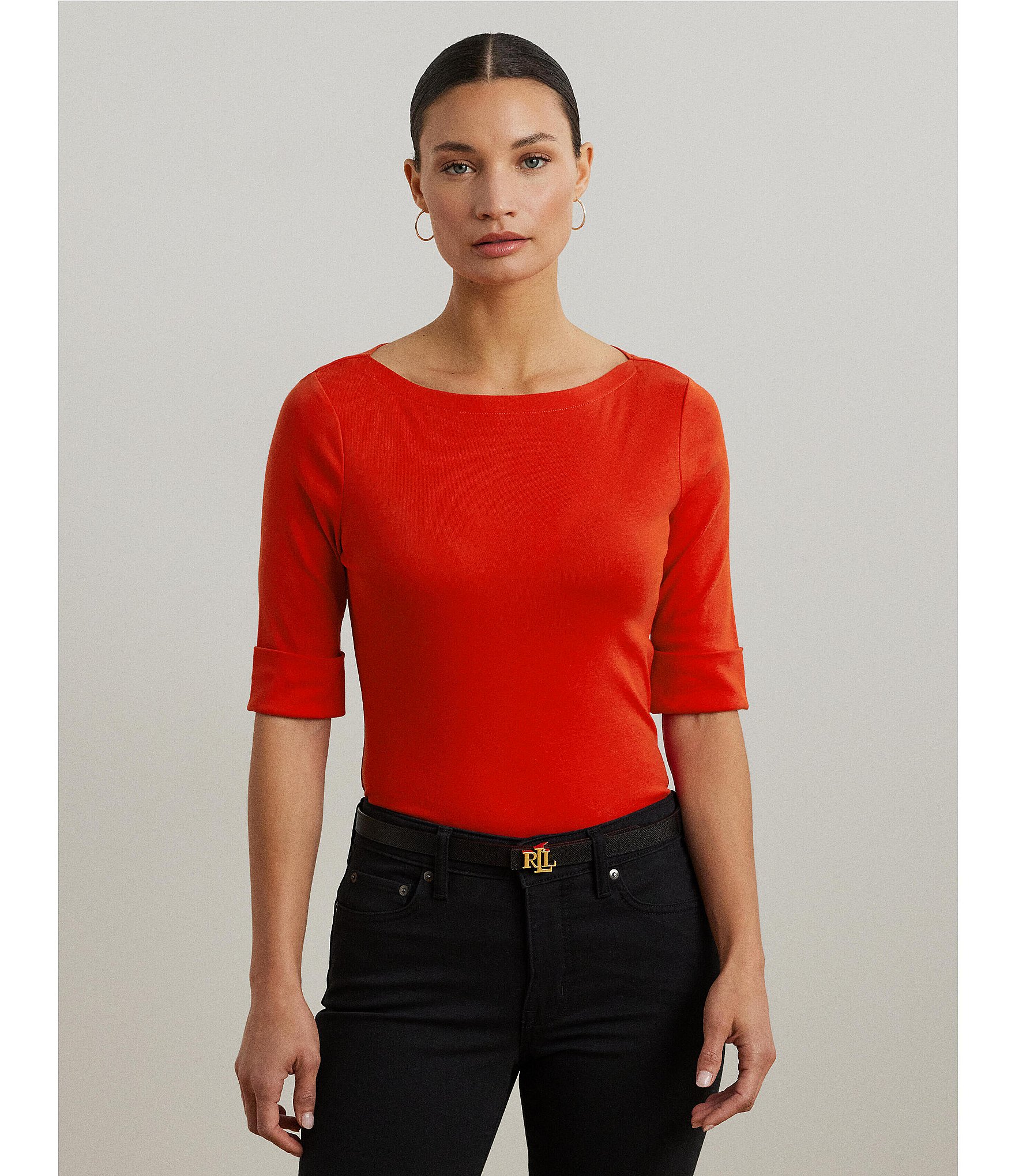 Lauren Ralph Lauren Petite Size Judy Solid Stretch-Infuse Cotton Boat Neck Tee